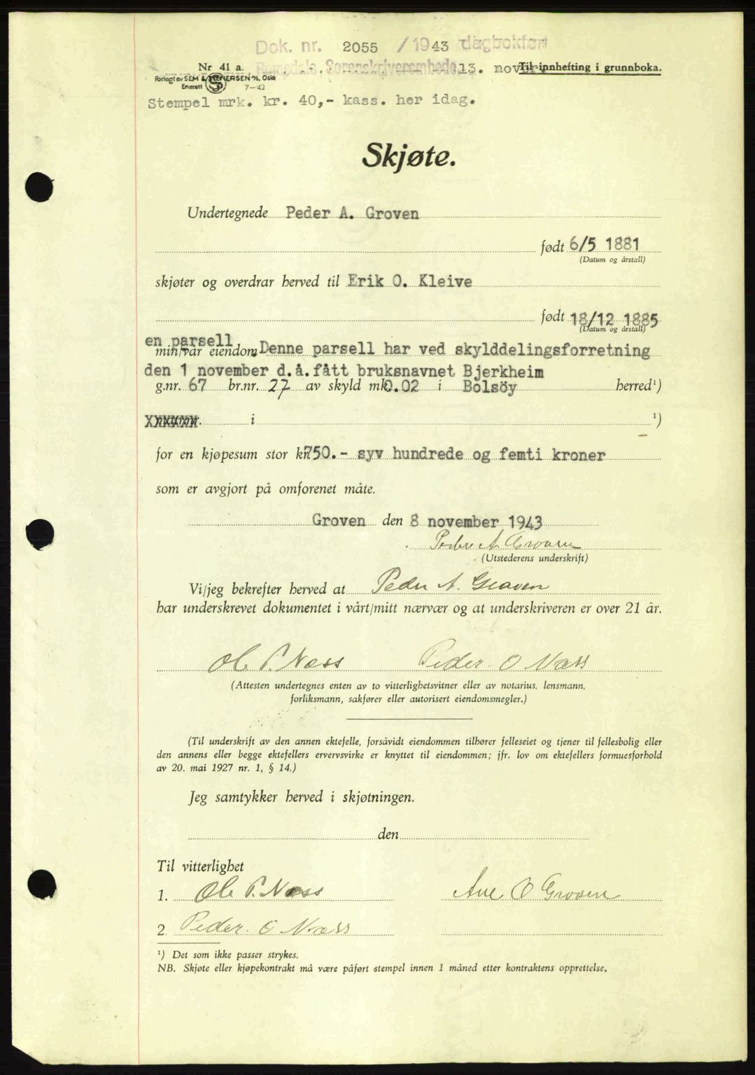 Romsdal sorenskriveri, AV/SAT-A-4149/1/2/2C: Pantebok nr. A15, 1943-1944, Dagboknr: 2055/1943