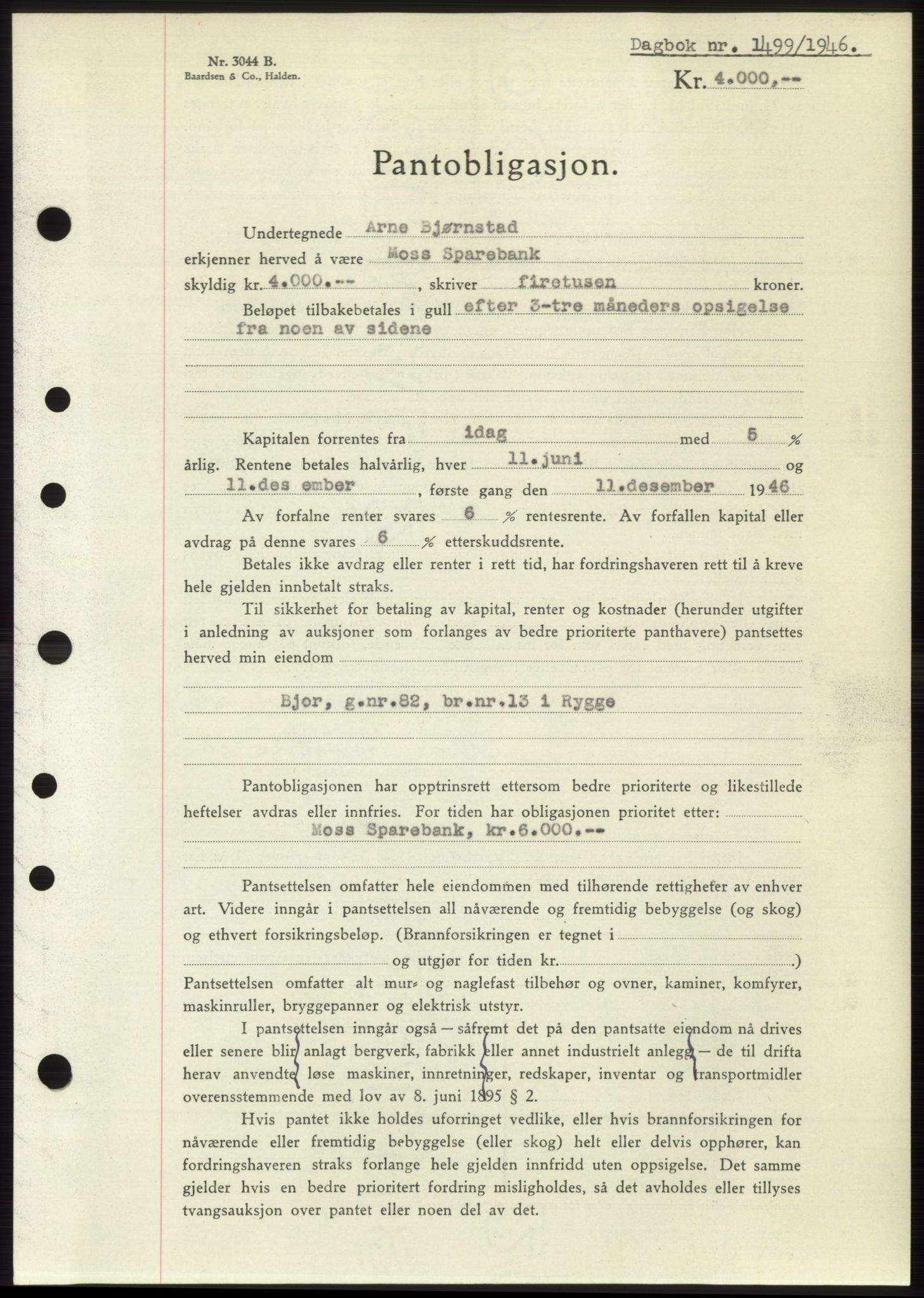 Moss sorenskriveri, SAO/A-10168: Pantebok nr. B15, 1946-1946, Dagboknr: 1499/1946