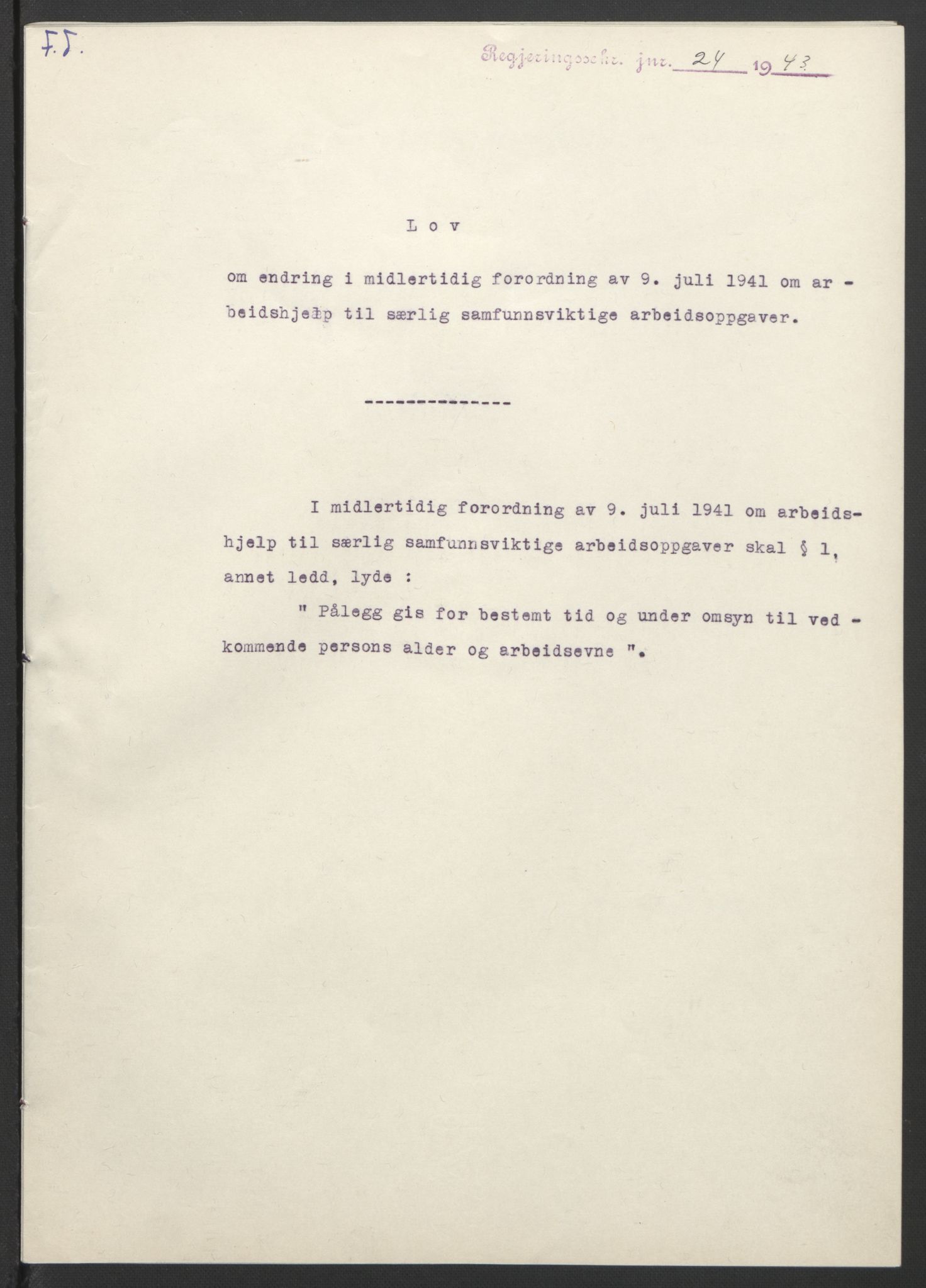 NS-administrasjonen 1940-1945 (Statsrådsekretariatet, de kommisariske statsråder mm), RA/S-4279/D/Db/L0099: Lover, 1943, s. 50