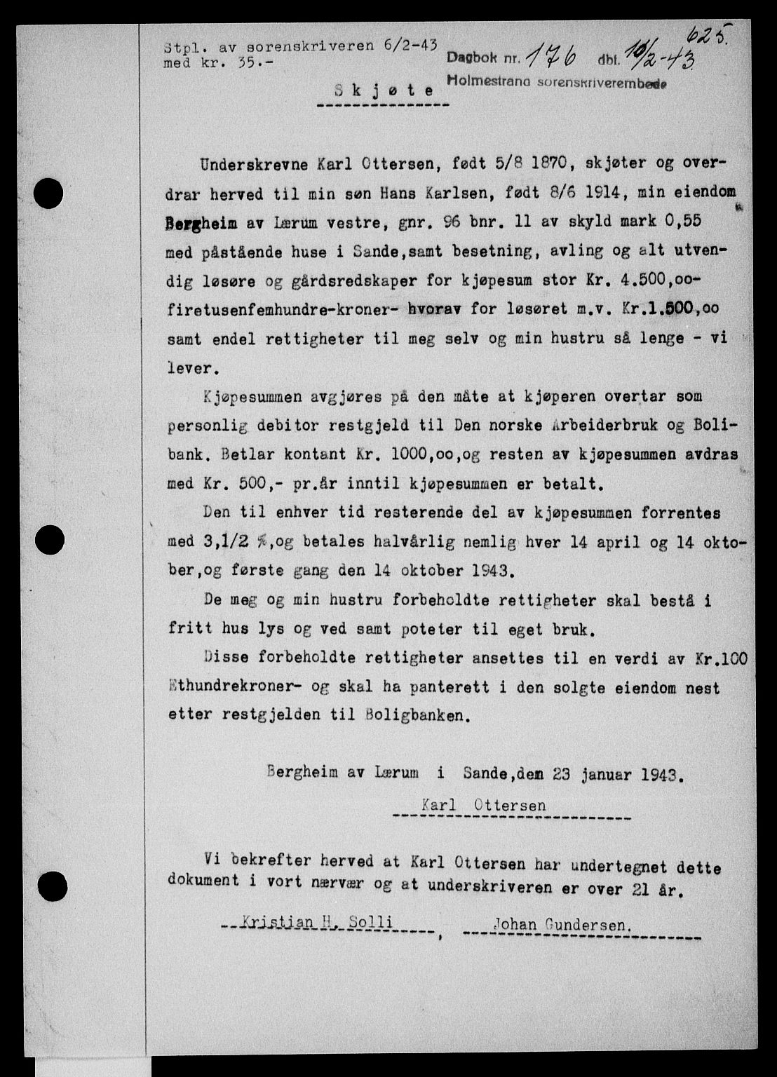 Holmestrand sorenskriveri, SAKO/A-67/G/Ga/Gaa/L0056: Pantebok nr. A-56, 1942-1943, Dagboknr: 176/1943