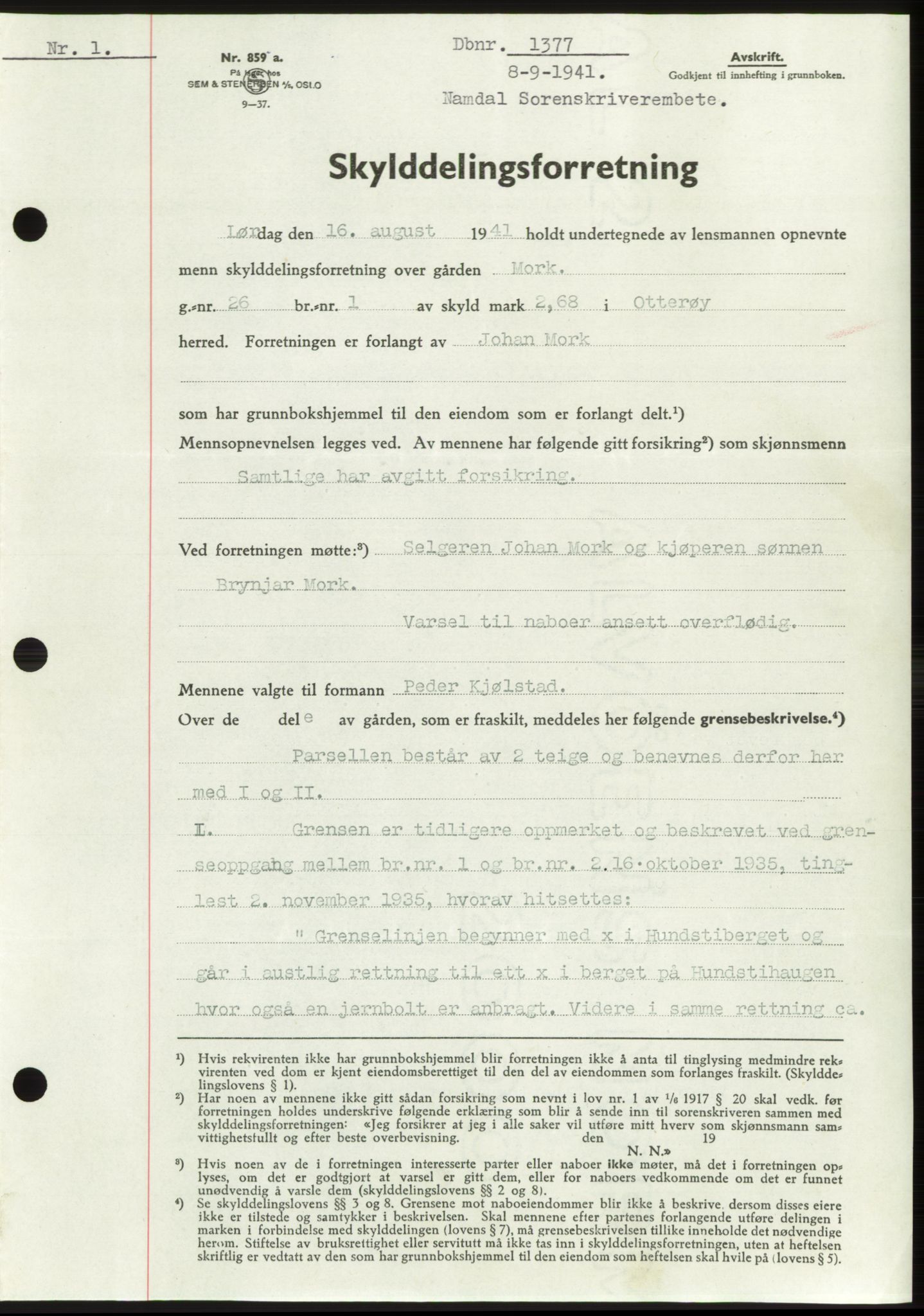 Namdal sorenskriveri, SAT/A-4133/1/2/2C: Pantebok nr. -, 1941-1942, Dagboknr: 1377/1941