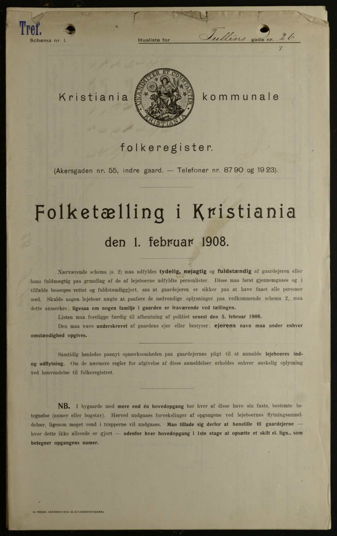 OBA, Kommunal folketelling 1.2.1908 for Kristiania kjøpstad, 1908, s. 105479