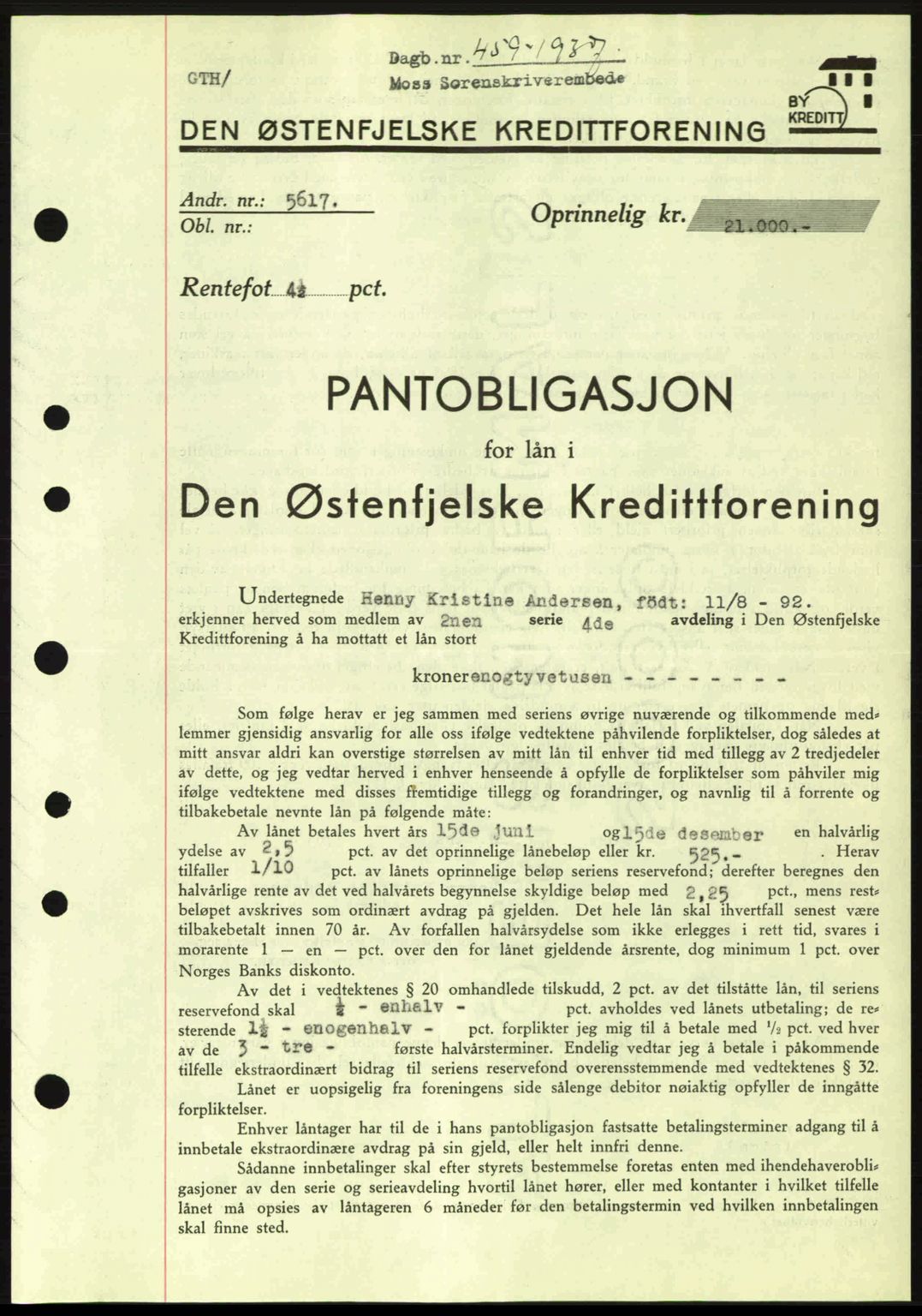 Moss sorenskriveri, SAO/A-10168: Pantebok nr. B3, 1937-1937, Dagboknr: 459/1937