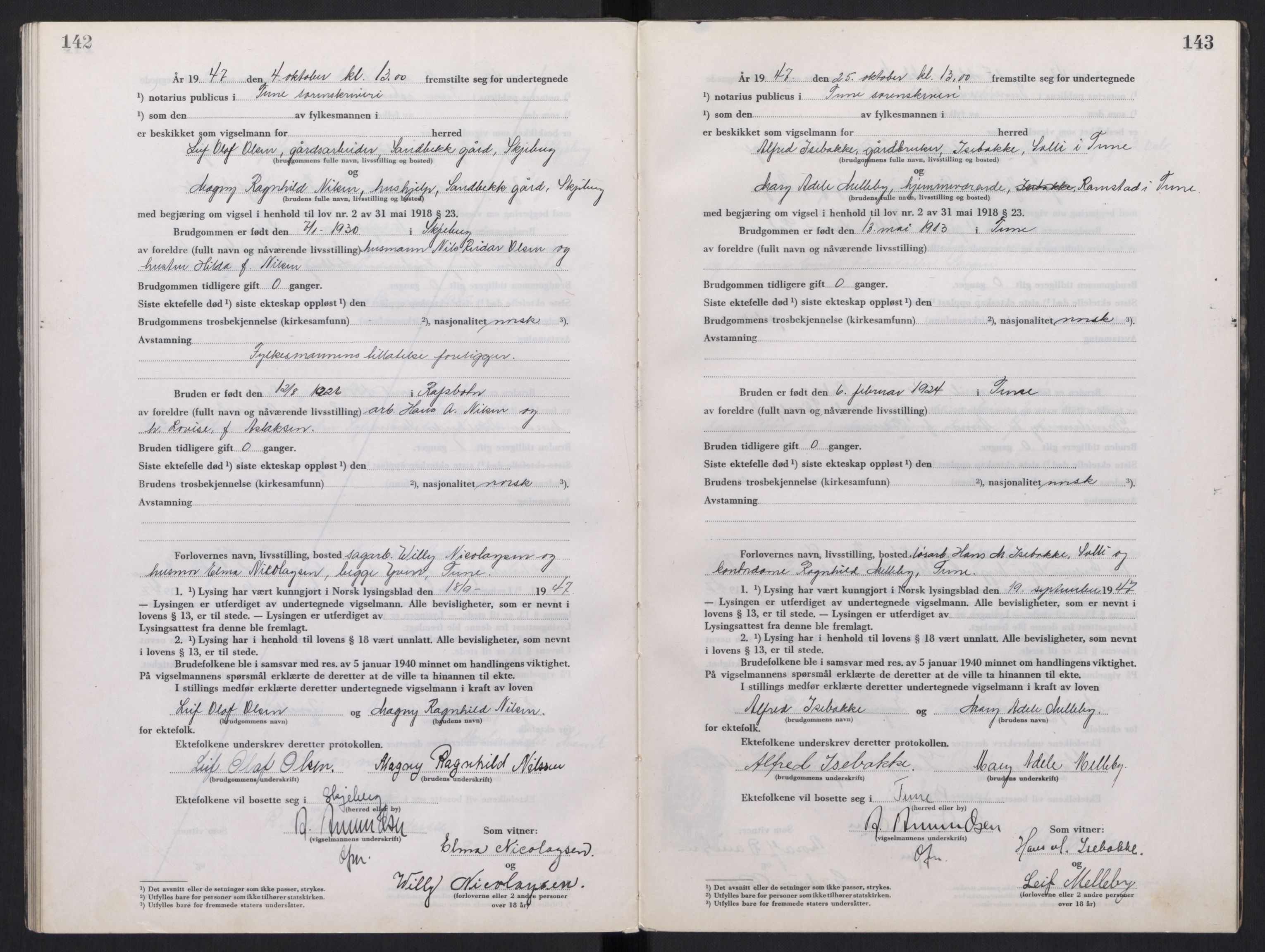 Tune sorenskriveri, AV/SAO-A-10470/L/Lb/L0003: Vigselprotokoll, 1944-1951, s. 142-143