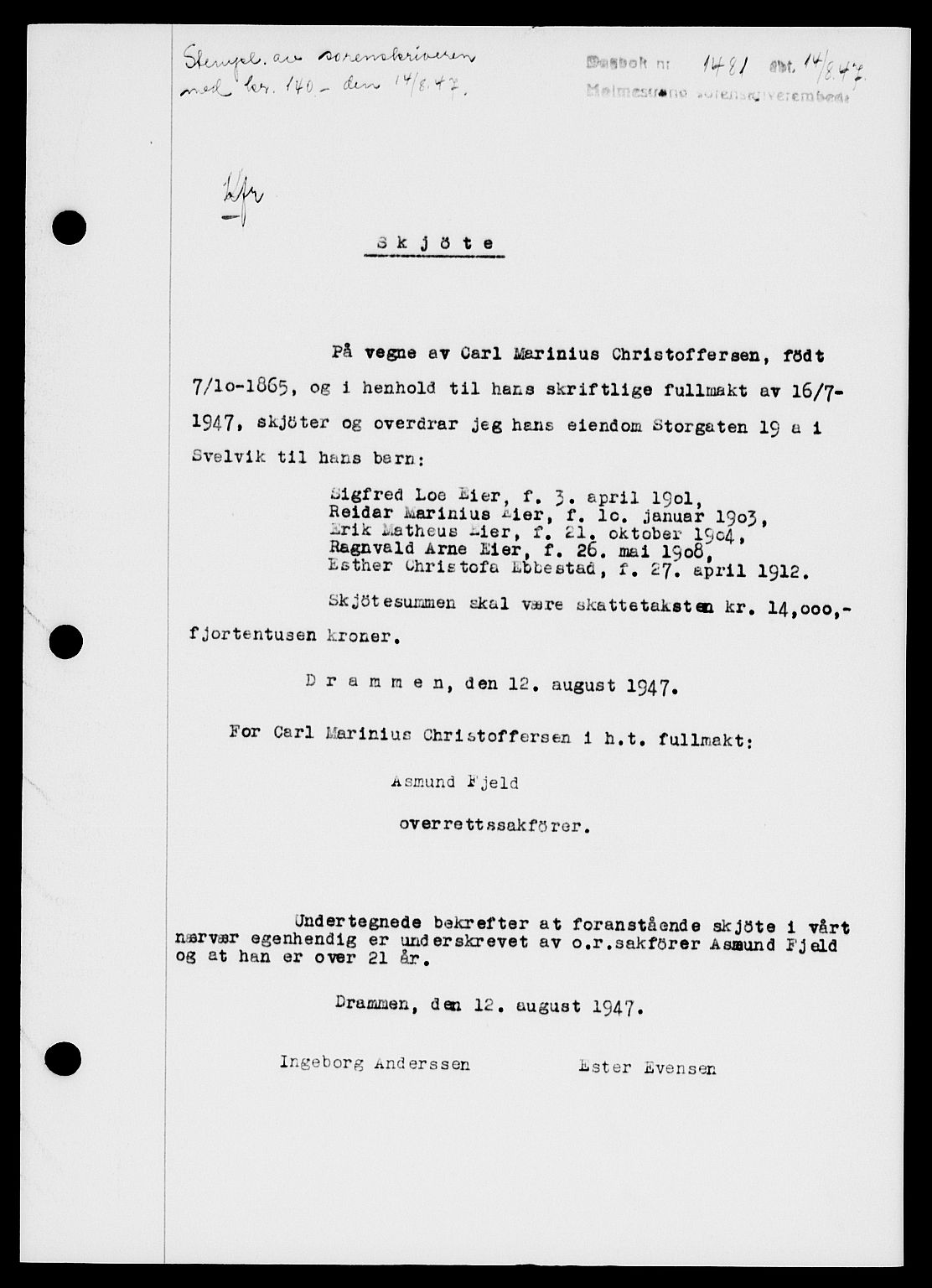 Holmestrand sorenskriveri, SAKO/A-67/G/Ga/Gaa/L0062: Pantebok nr. A-62, 1947-1947, Dagboknr: 1481/1947