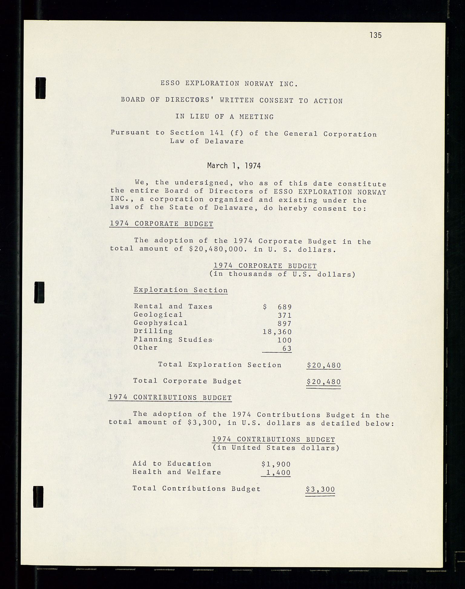 Pa 1512 - Esso Exploration and Production Norway Inc., SAST/A-101917/A/Aa/L0001/0001: Styredokumenter / Corporate records, By-Laws, Board meeting minutes, Incorporations, 1965-1975, s. 135