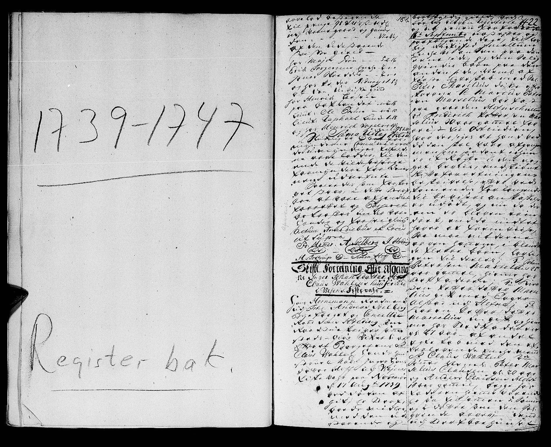 Trondheim byfogd, AV/SAT-A-0003/1/3/3A/L0015: Skifteprotokoll - gml.nr.13b. (m/ register), 1739-1747, s. 422