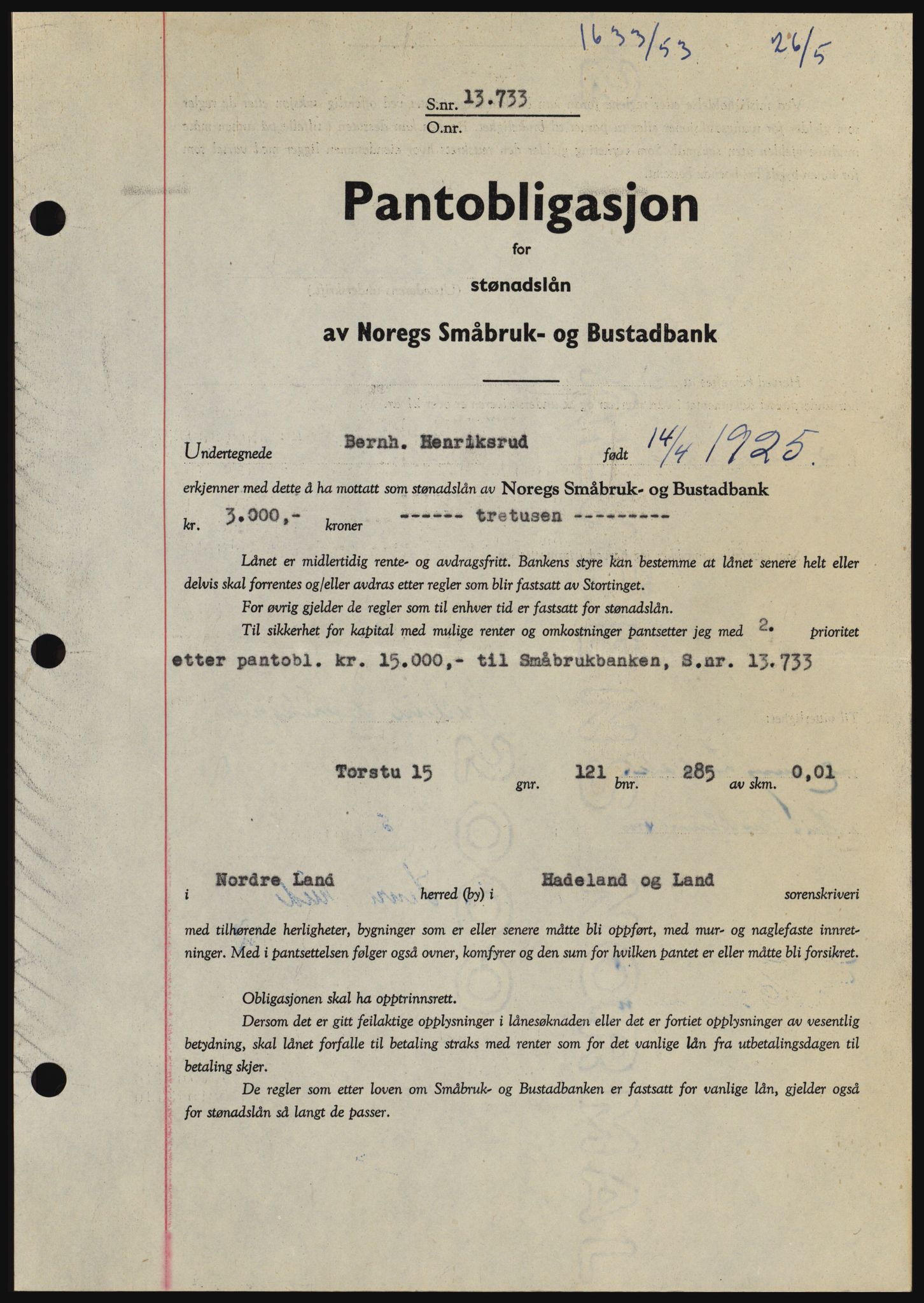 Hadeland og Land tingrett, SAH/TING-010/H/Hb/Hbc/L0027: Pantebok nr. B27, 1953-1953, Dagboknr: 1633/1953