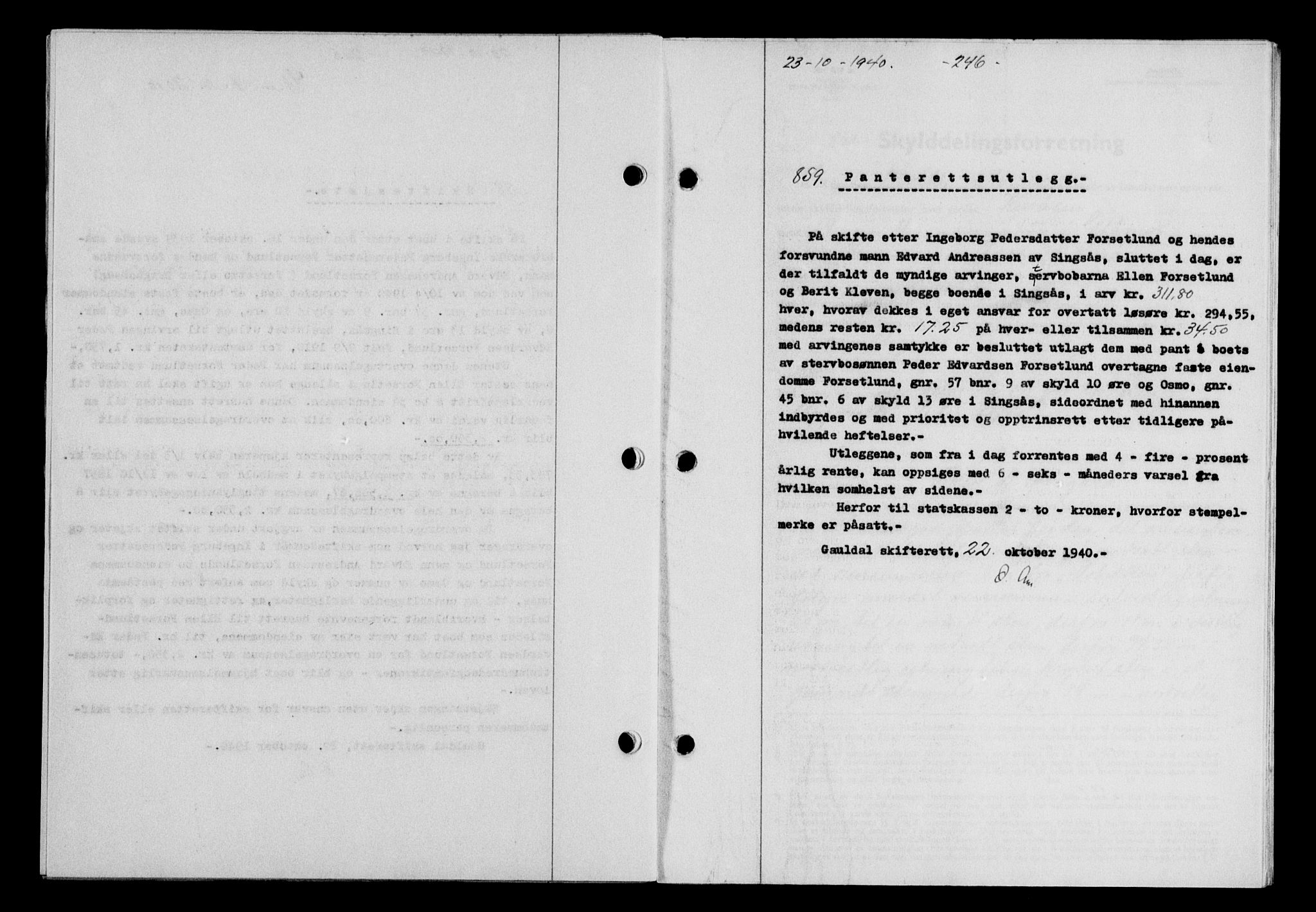 Gauldal sorenskriveri, SAT/A-0014/1/2/2C/L0052: Pantebok nr. 57, 1940-1941, Dagboknr: 859/1940