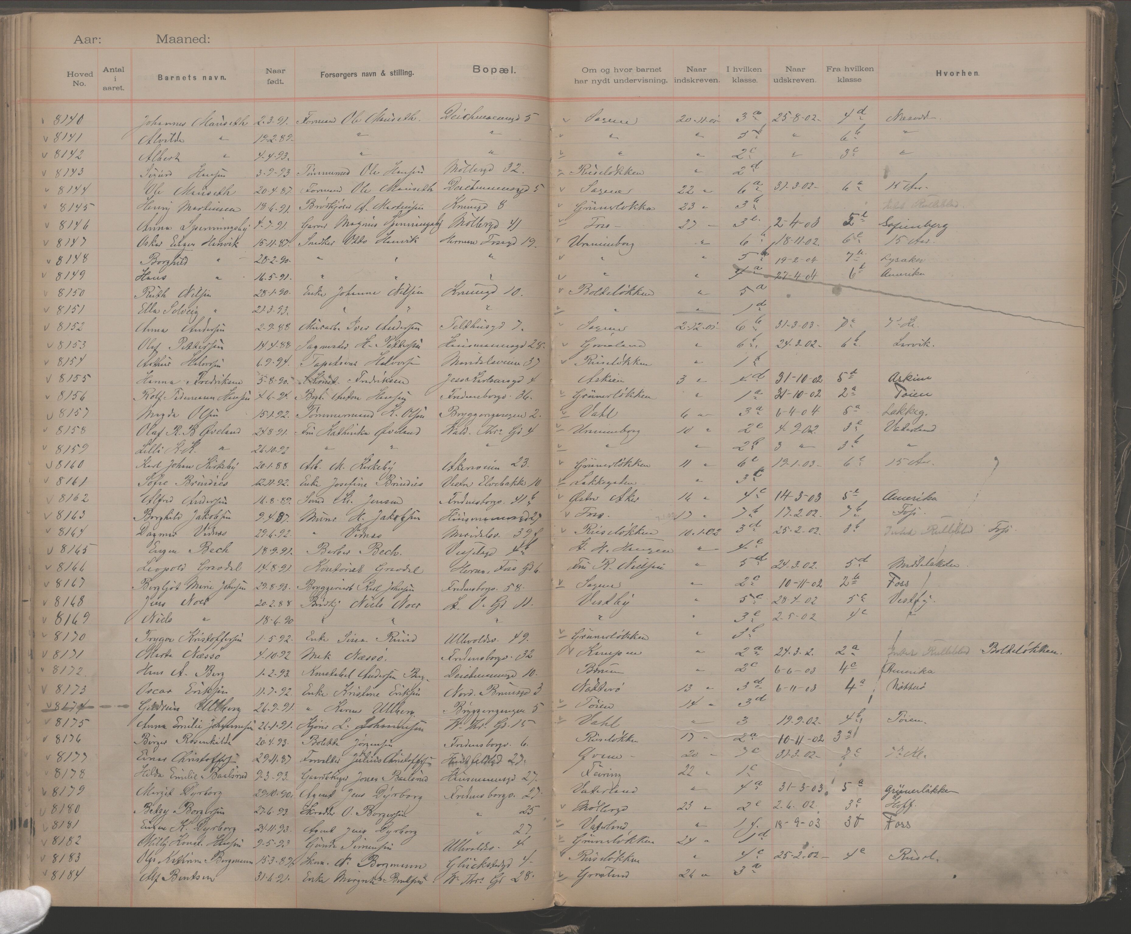 Møllergata skole, OBA/A-20129/F/Fa/L0001: Ut-/innskrivningsprotokoll, 1889-1907, s. 186