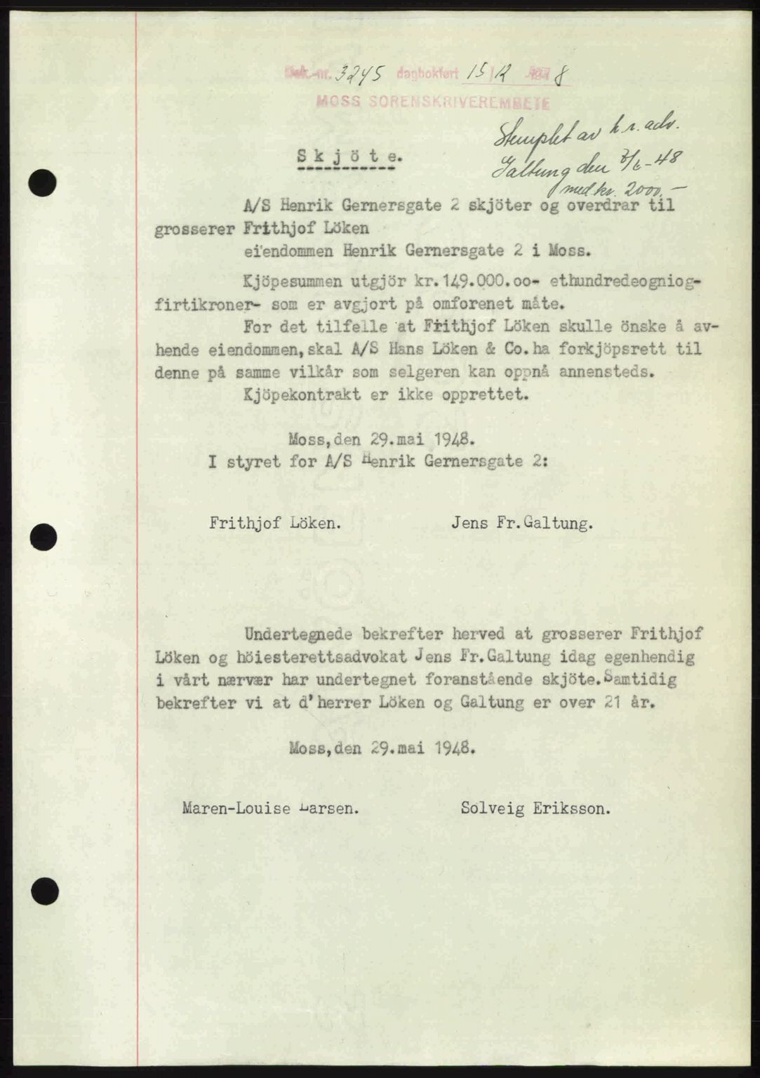 Moss sorenskriveri, SAO/A-10168: Pantebok nr. A20, 1948-1948, Dagboknr: 3245/1948