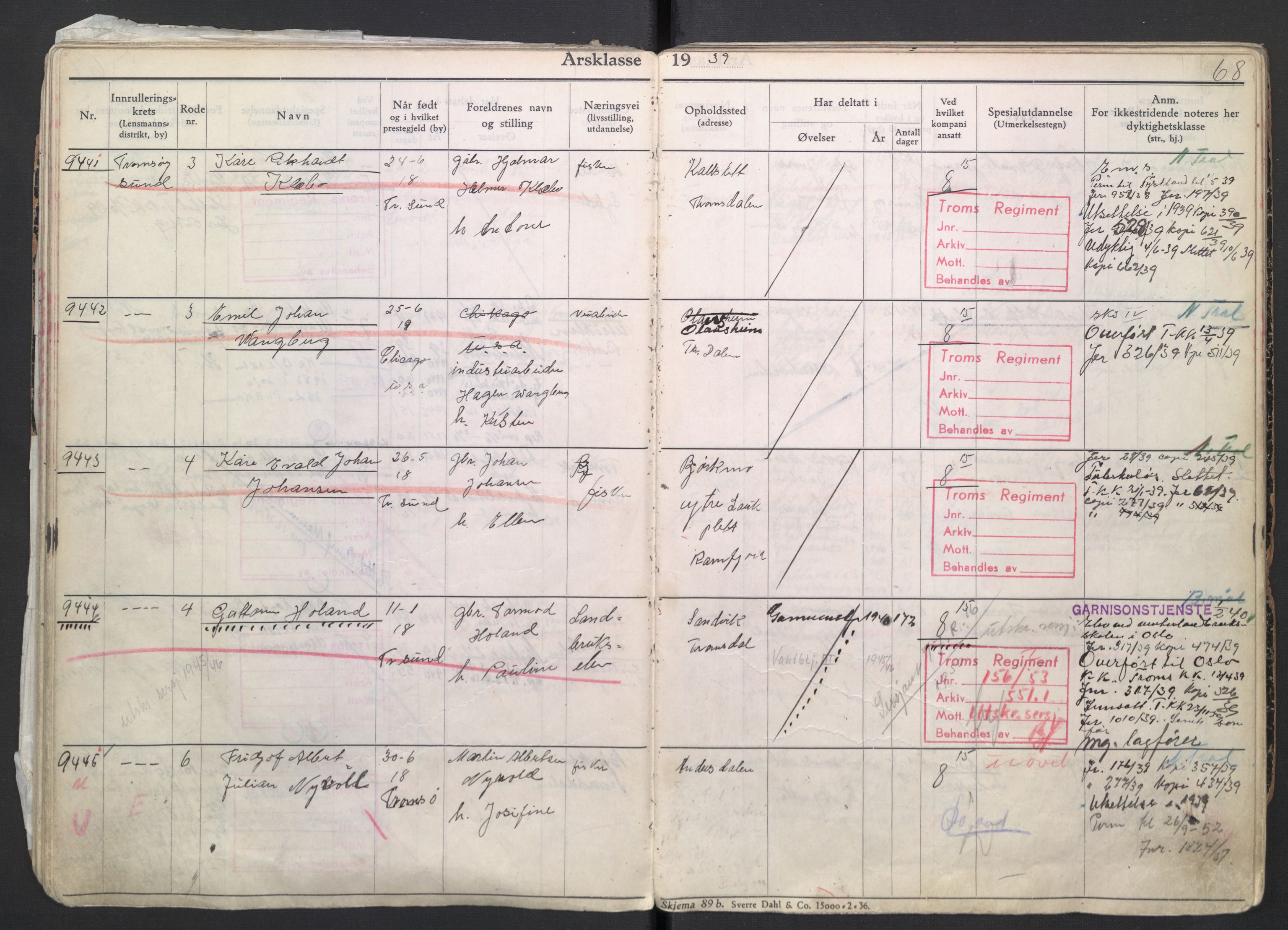 Forsvaret, Troms infanteriregiment nr. 16, AV/RA-RAFA-3146/P/Pa/L0007/0004: Ruller / Rulle for regimentets menige mannskaper, årsklasse 1939, 1939, s. 68