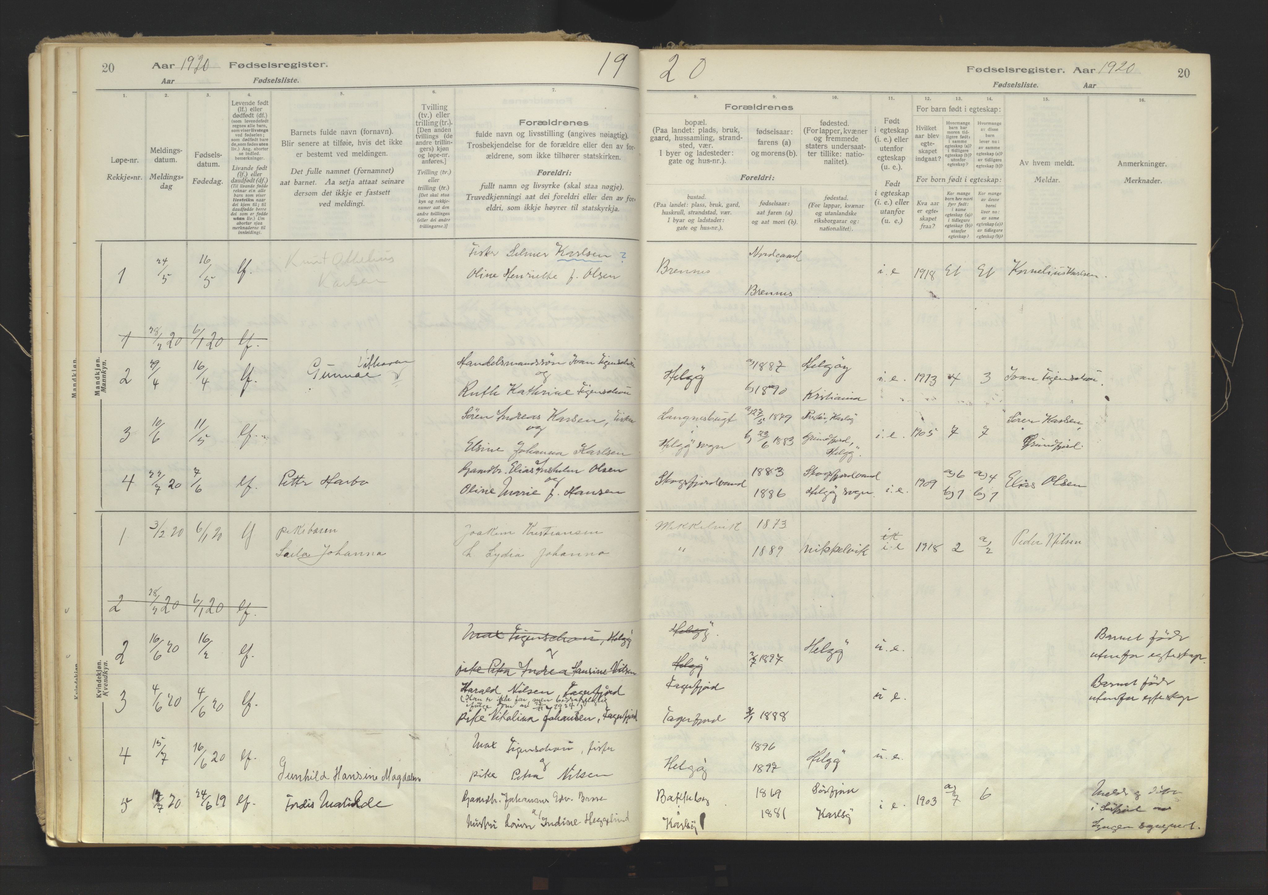 Karlsøy sokneprestembete, AV/SATØ-S-1299/I/Ic/L0067: Fødselsregister nr. 67, 1916-1958, s. 20