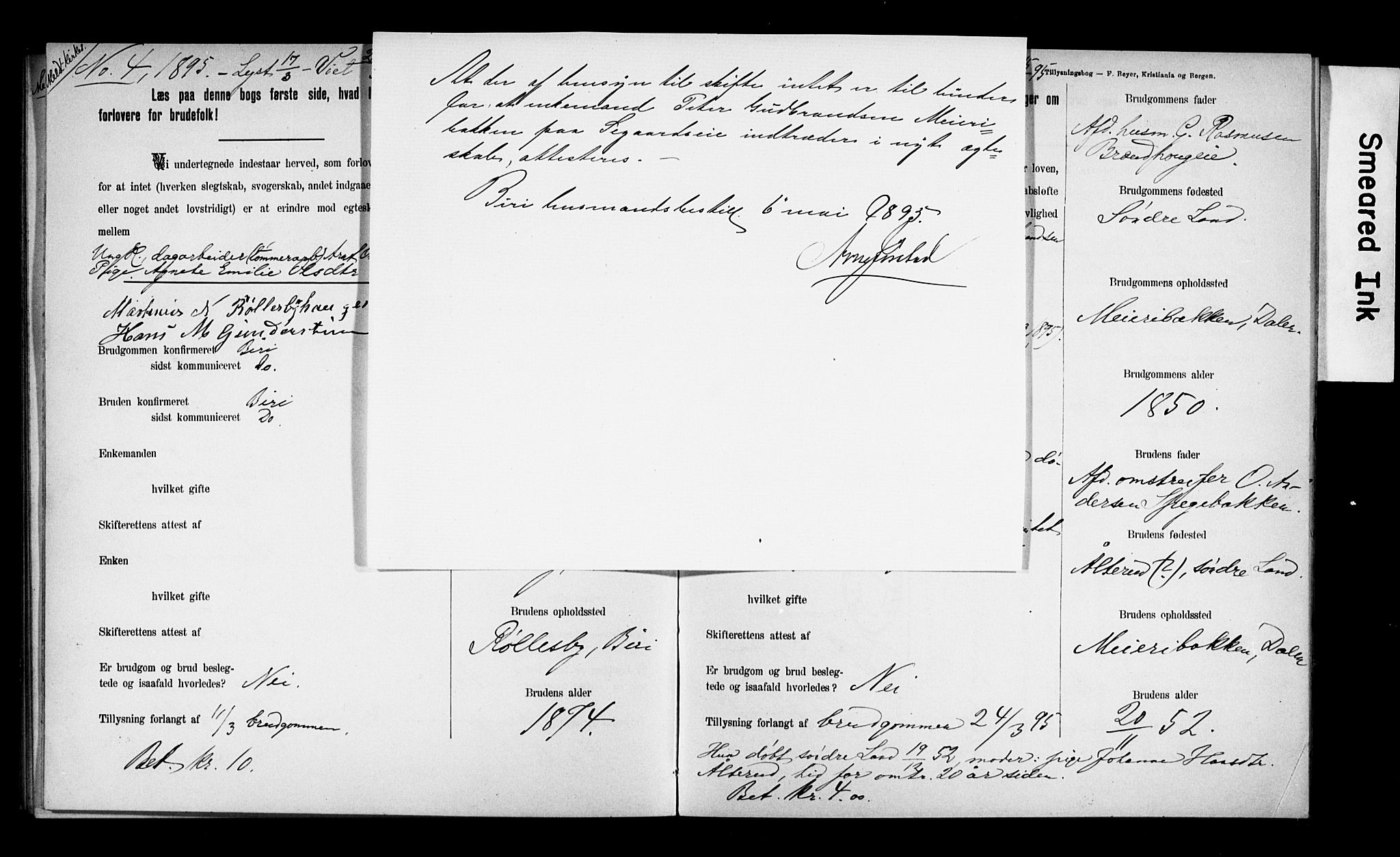 Biri prestekontor, SAH/PREST-096/I/Ie/Iea/L0001/0001: Lysningsprotokoll nr. 1.1, 1892-1896