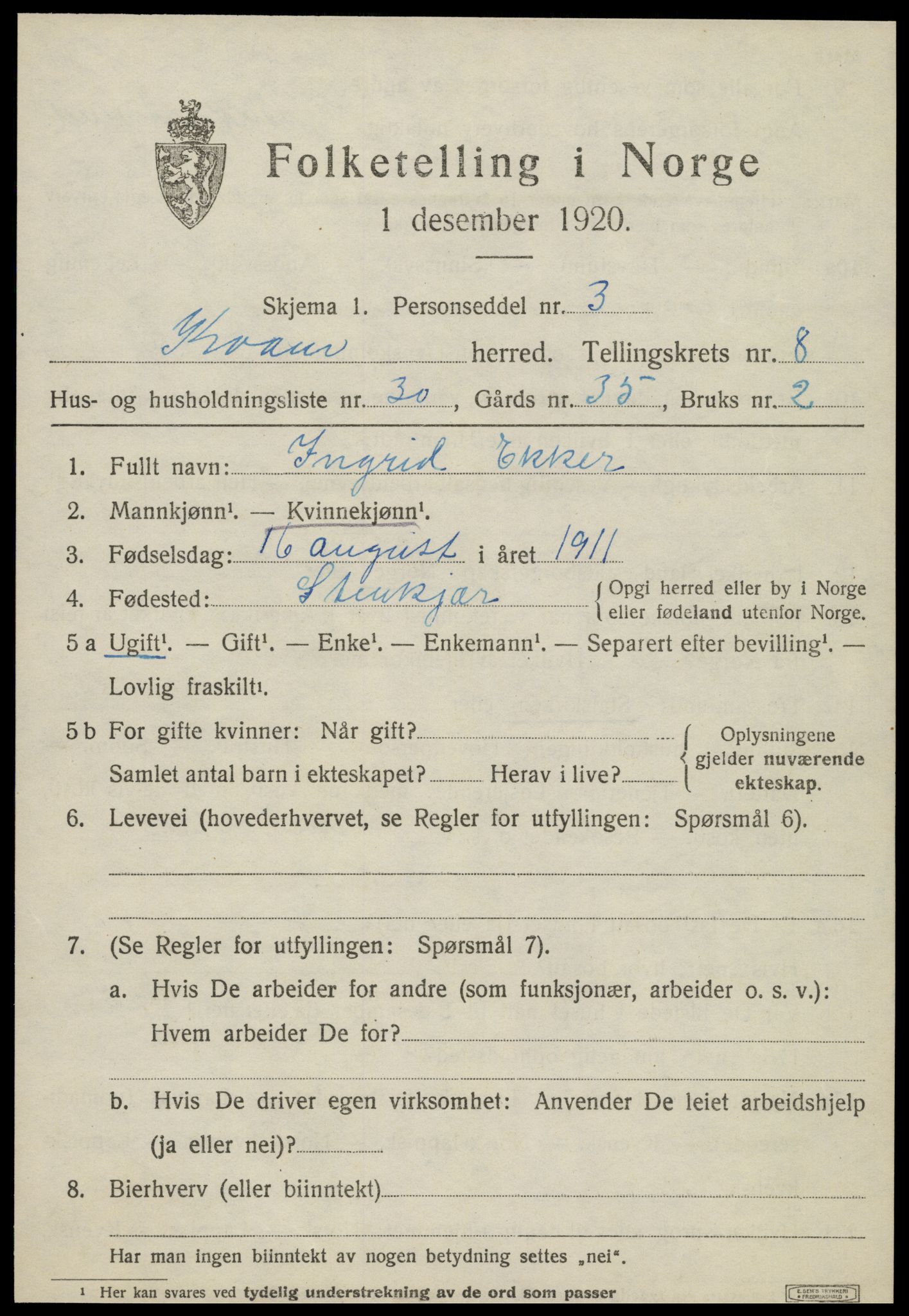 SAT, Folketelling 1920 for 1735 Kvam herred, 1920, s. 2327