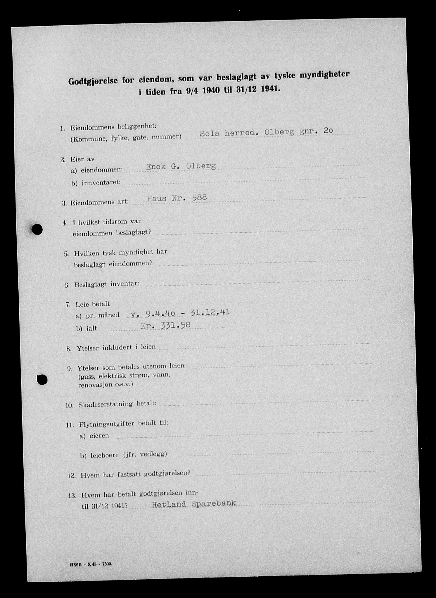 Justisdepartementet, Tilbakeføringskontoret for inndratte formuer, AV/RA-S-1564/I/L1015: Godtgjørelse for beslaglagt eiendom, 1940-1941, s. 21