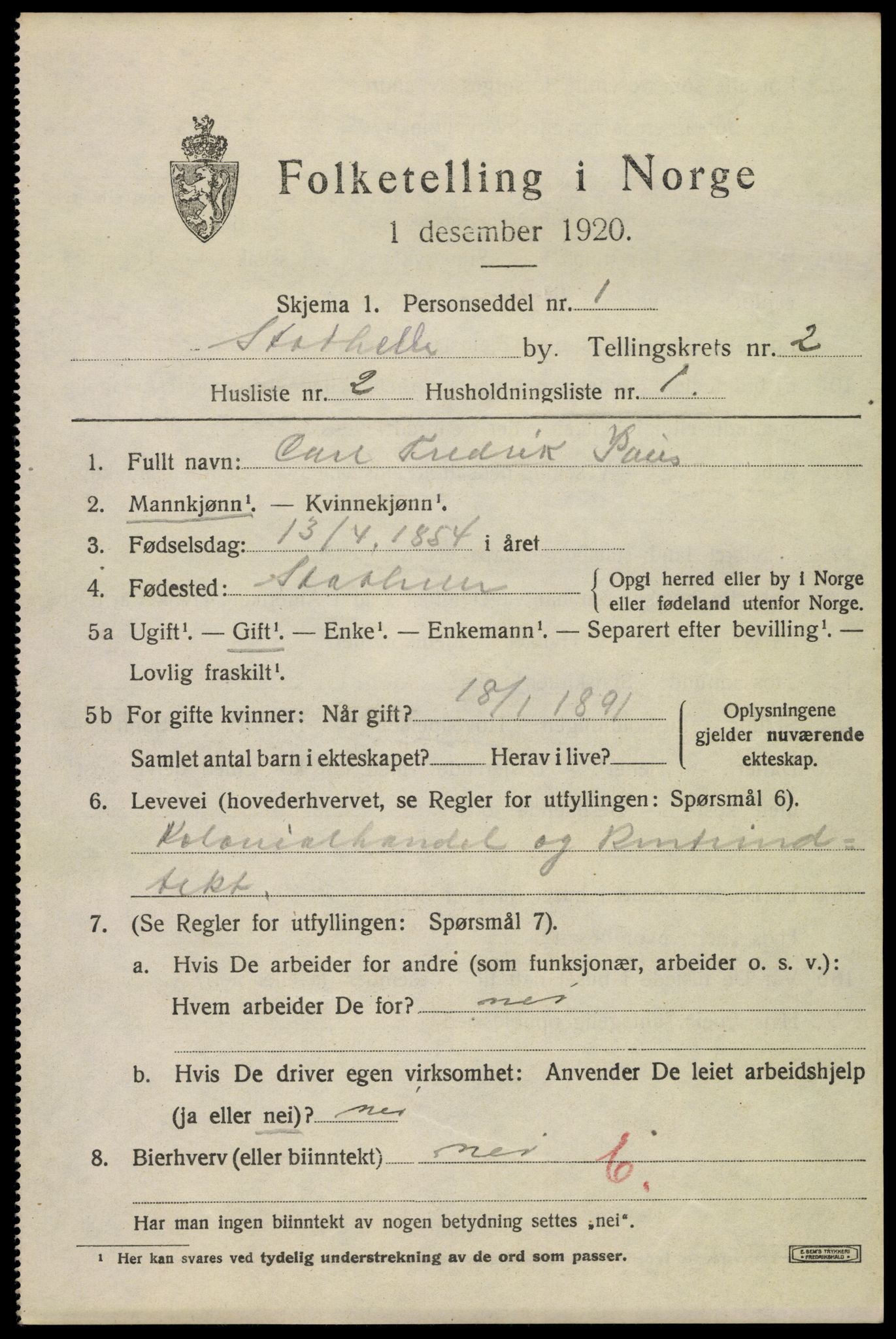 SAKO, Folketelling 1920 for 0803 Stathelle ladested, 1920, s. 1073