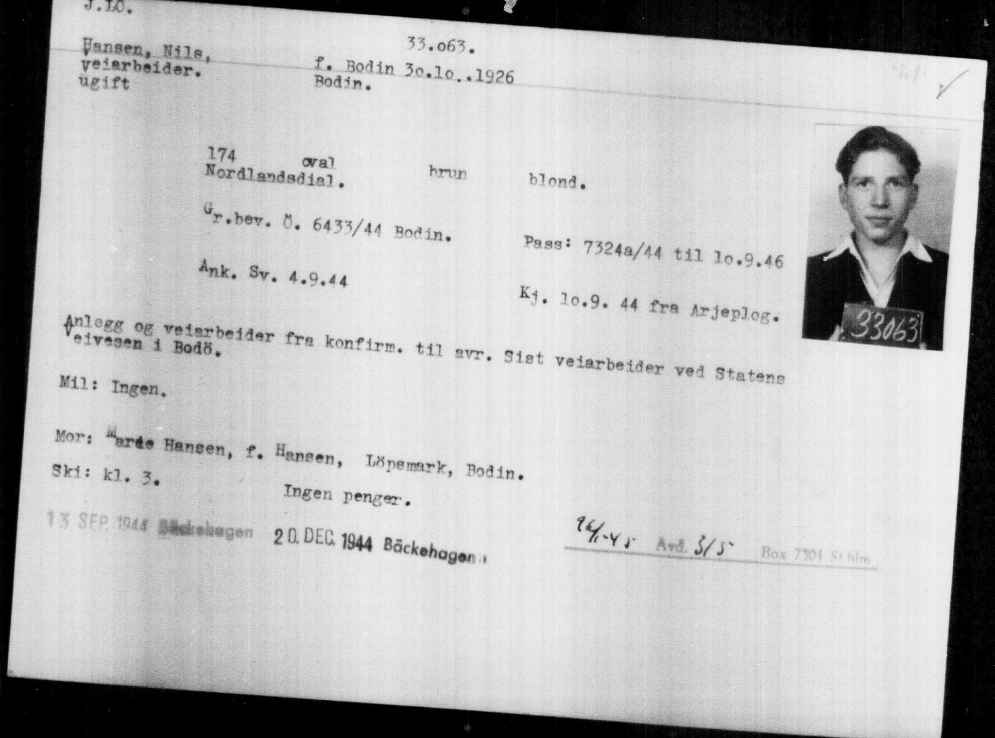 Utenriksstasjonene, Legasjonen i Stockholm, Flyktningkontoret, AV/RA-S-6753/V/Va/L0013: Kjesäterkartoteket, flyktninger med registreringsnr. 31500-34731, 1940-1945, s. 1640