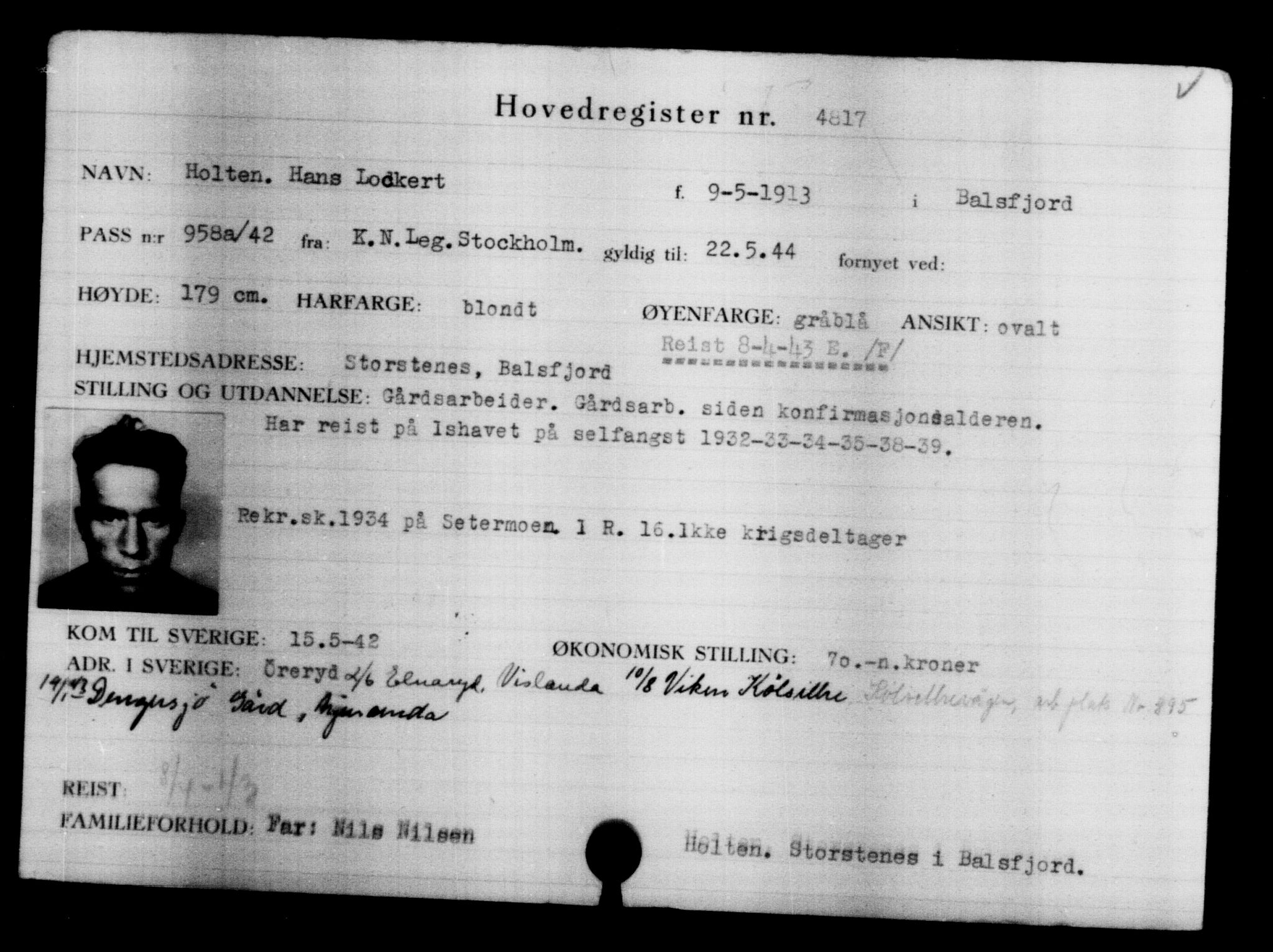 Utenriksstasjonene, Legasjonen i Stockholm, Flyktningkontoret, AV/RA-S-6753/V/Va/L0004: Kjesäterkartoteket, flyktninger med registreringsnr. 3496-6610, 1940-1945, s. 1566