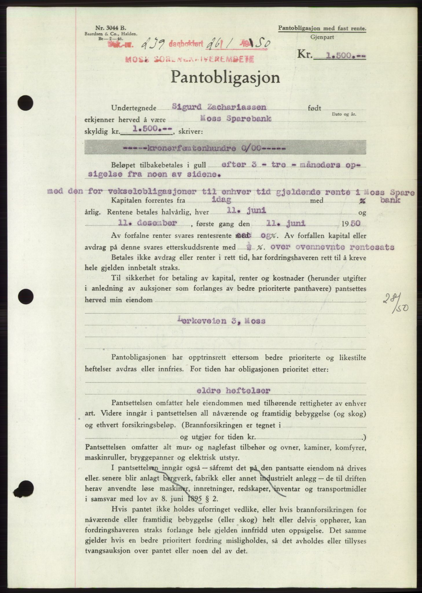 Moss sorenskriveri, SAO/A-10168: Pantebok nr. B23, 1949-1950, Dagboknr: 239/1950