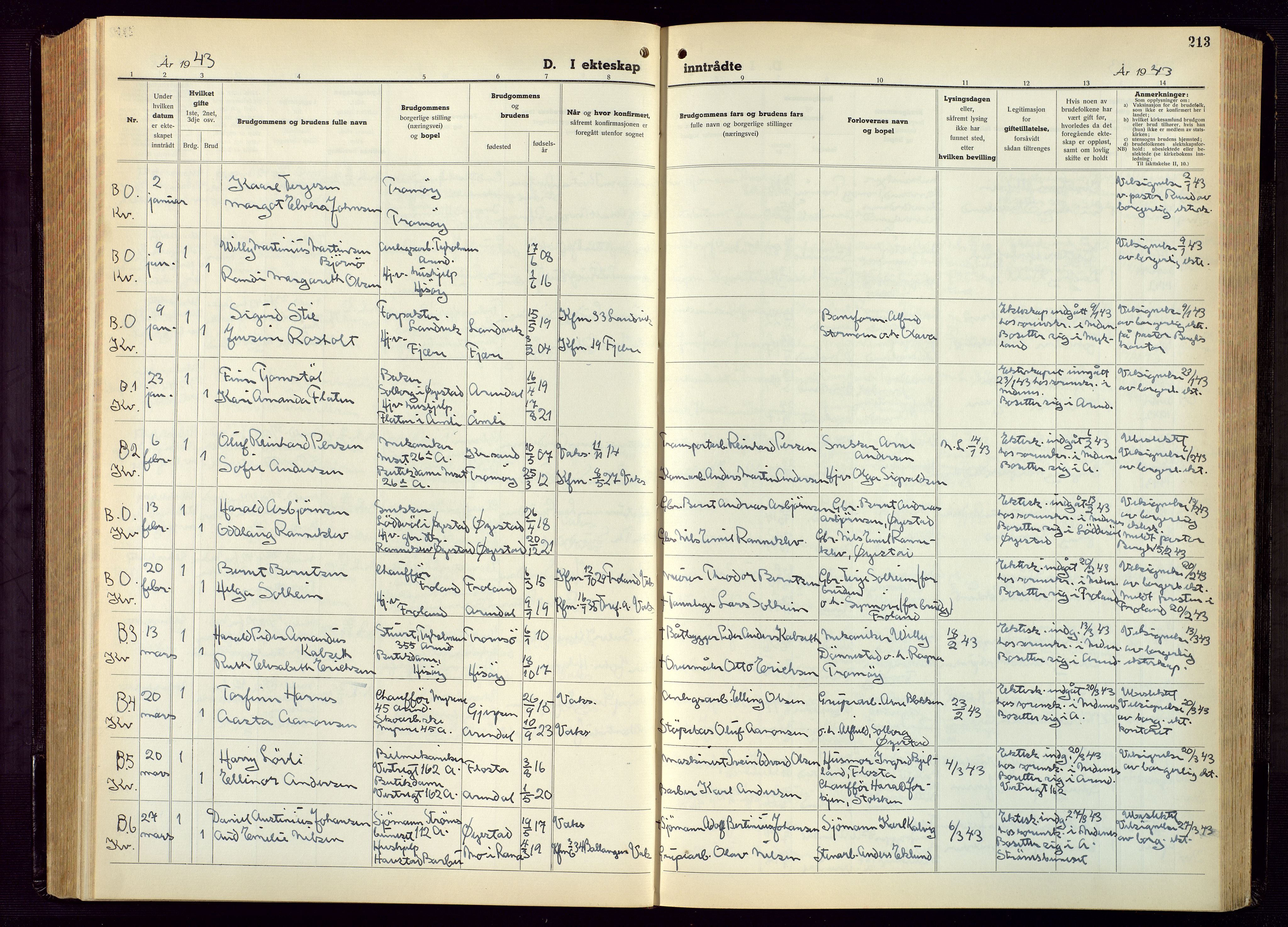 Arendal sokneprestkontor, Trefoldighet, AV/SAK-1111-0040/F/Fb/L0009: Klokkerbok nr. B 9, 1940-1949, s. 213