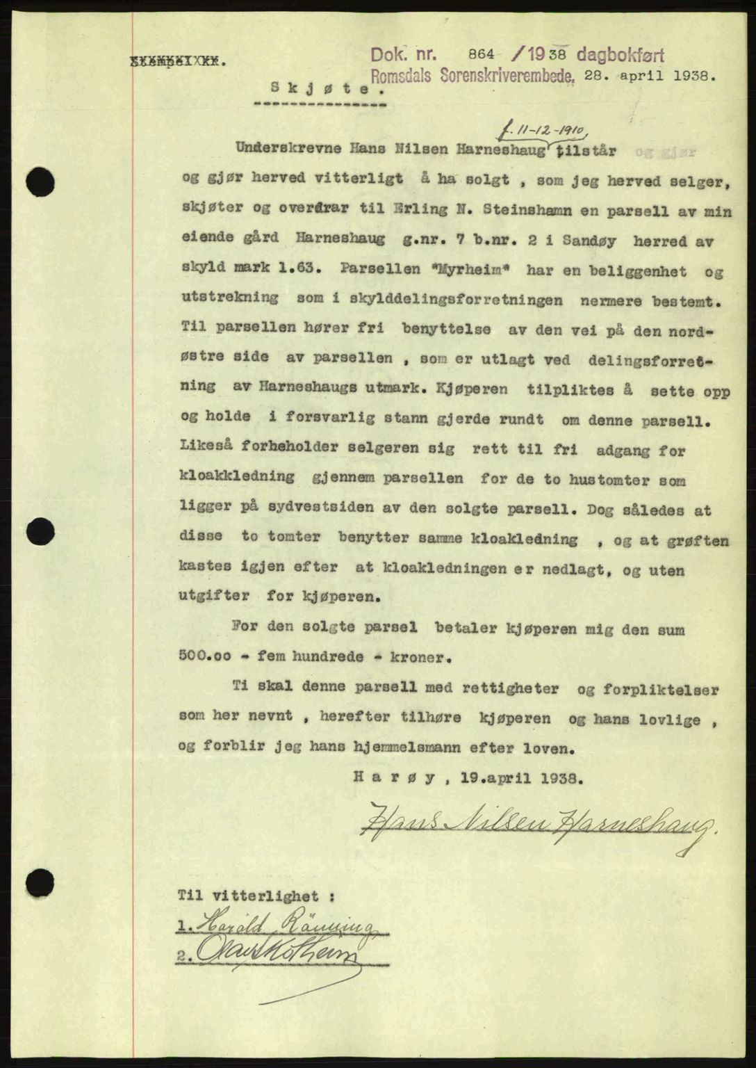 Romsdal sorenskriveri, SAT/A-4149/1/2/2C: Pantebok nr. A5, 1938-1938, Dagboknr: 864/1938
