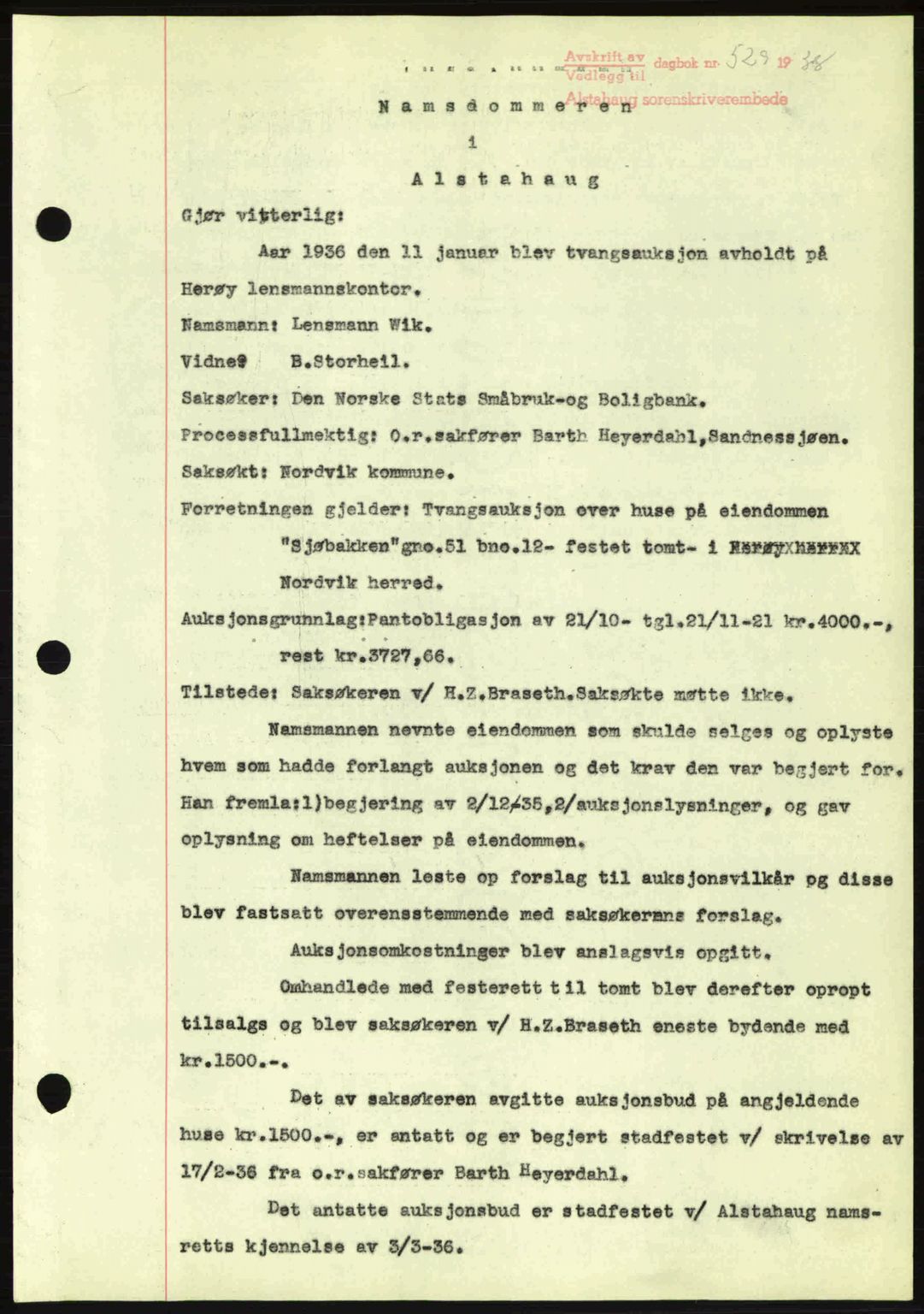 Alstahaug sorenskriveri, SAT/A-1009: Pantebok nr. A3, 1937-1938, Dagboknr: 529/1938