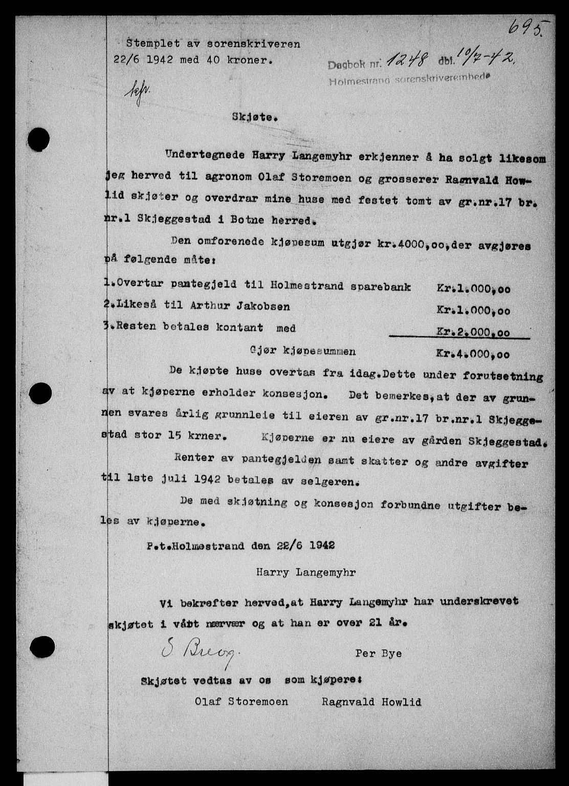 Holmestrand sorenskriveri, SAKO/A-67/G/Ga/Gaa/L0055: Pantebok nr. A-55, 1942-1942, Dagboknr: 1248/1942