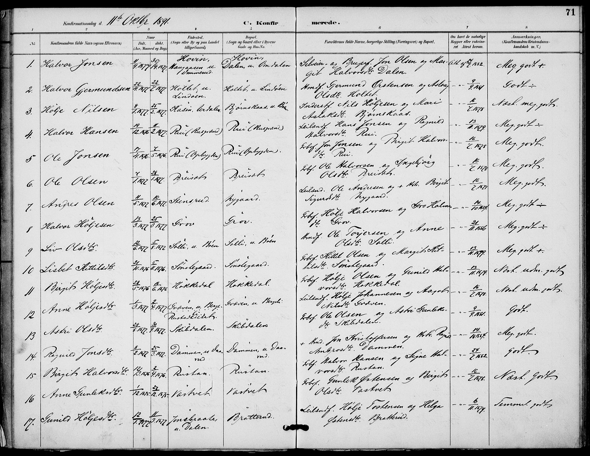 Gransherad kirkebøker, AV/SAKO-A-267/F/Fb/L0005: Ministerialbok nr. II 5, 1887-1916, s. 71