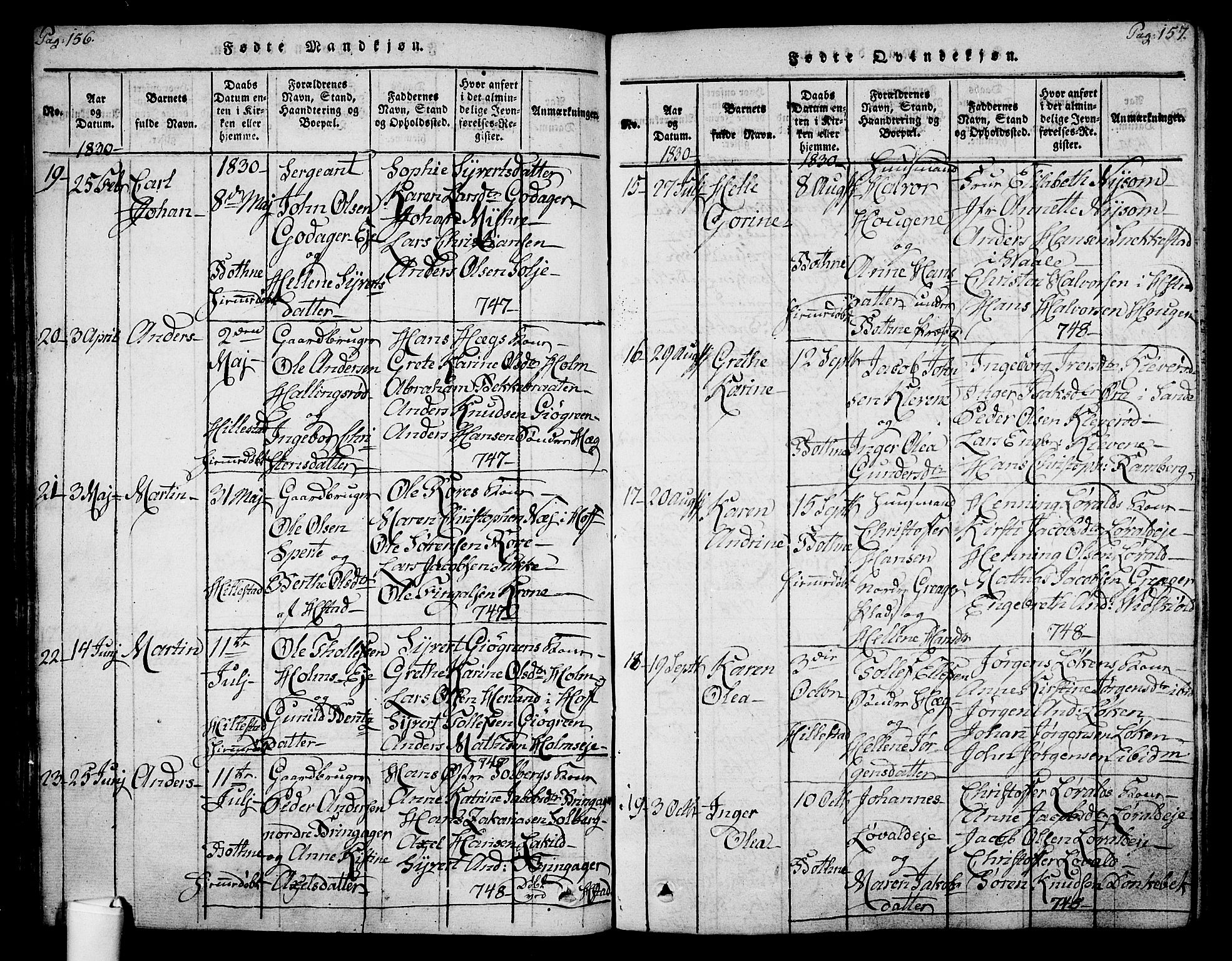 Botne kirkebøker, AV/SAKO-A-340/F/Fa/L0005: Ministerialbok nr. I 5, 1814-1836, s. 156-157