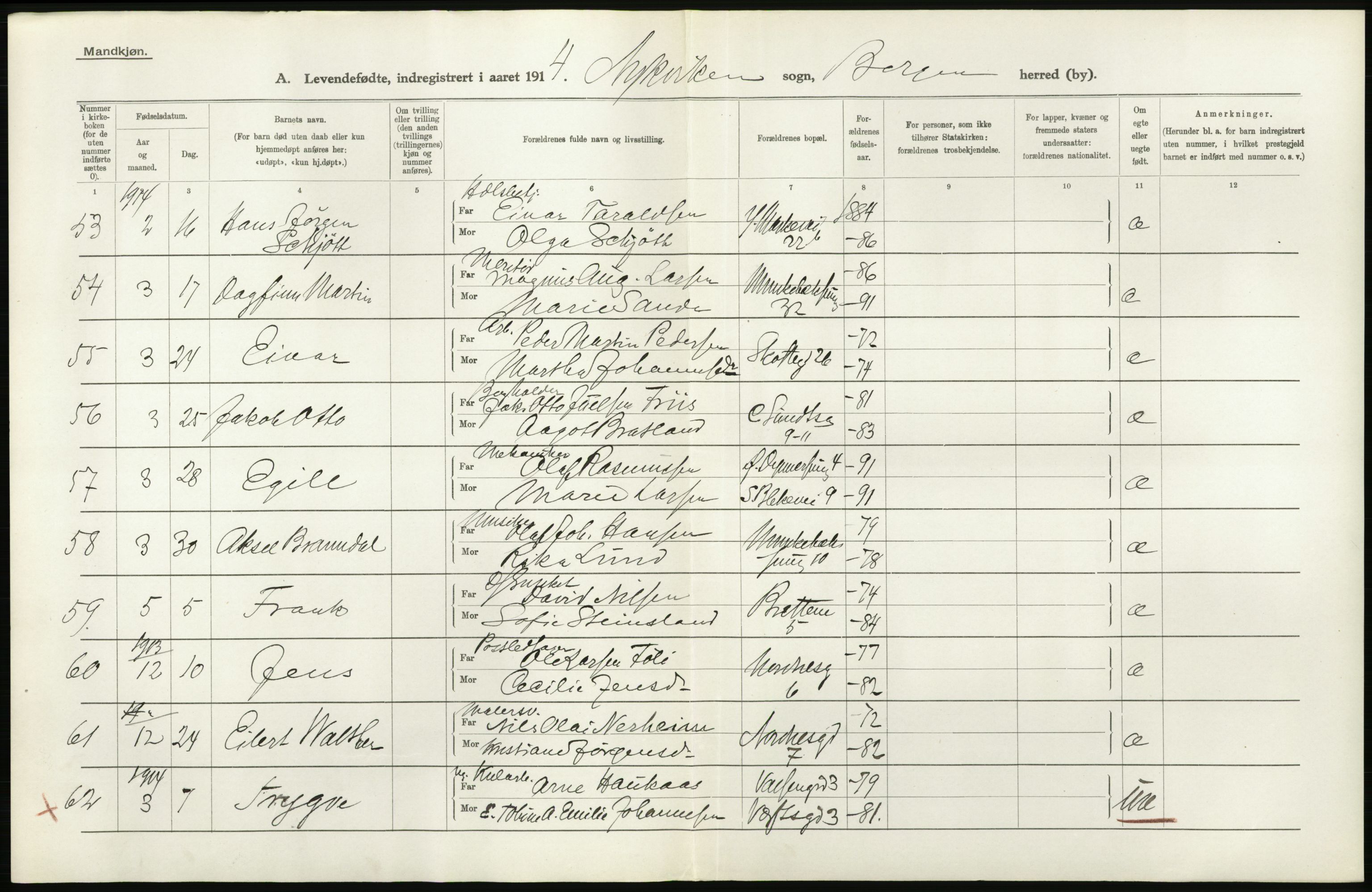 Statistisk sentralbyrå, Sosiodemografiske emner, Befolkning, AV/RA-S-2228/D/Df/Dfb/Dfbd/L0030: Bergen: Levendefødte menn og kvinner., 1914, s. 14
