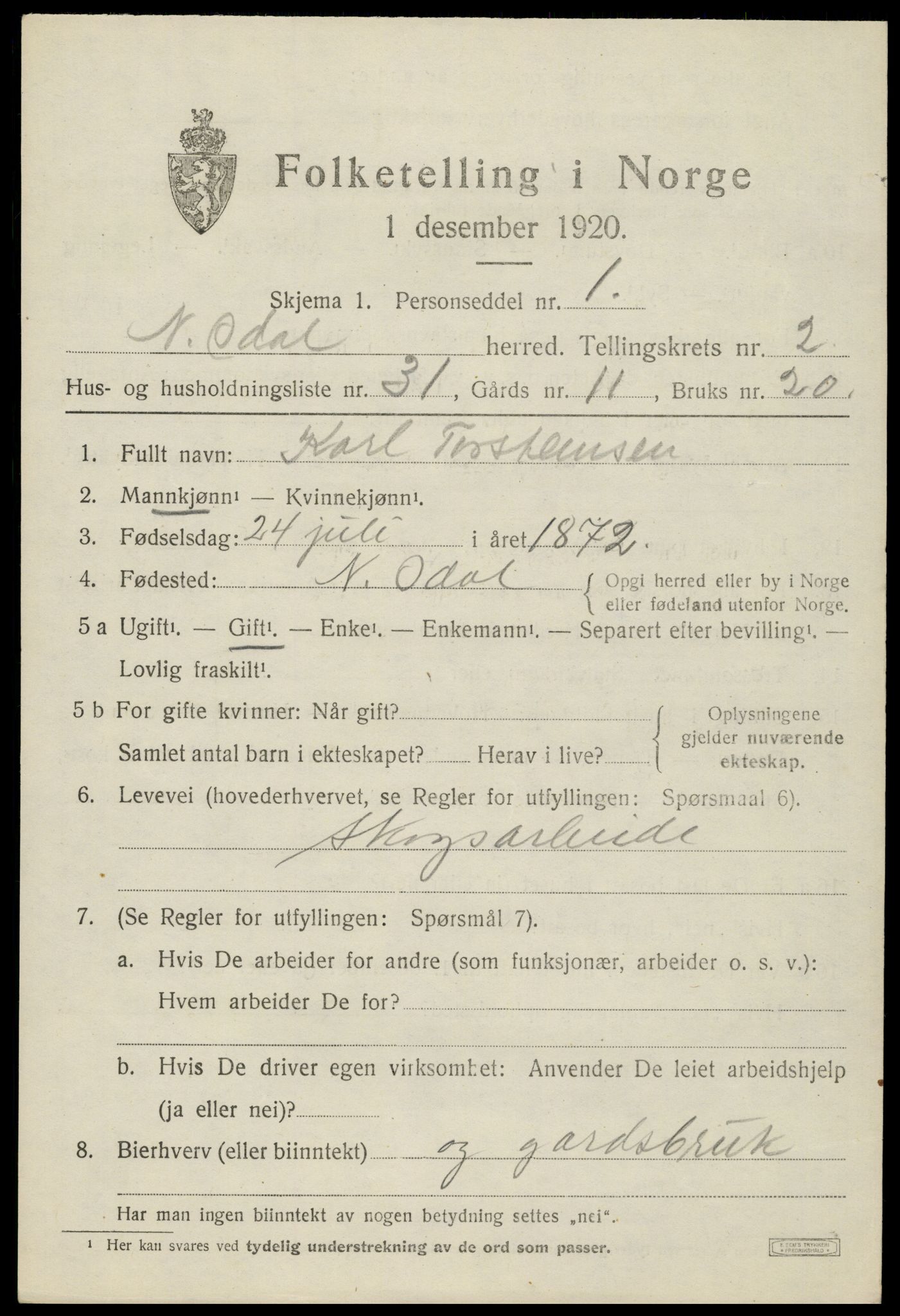 SAH, Folketelling 1920 for 0418 Nord-Odal herred, 1920, s. 2791