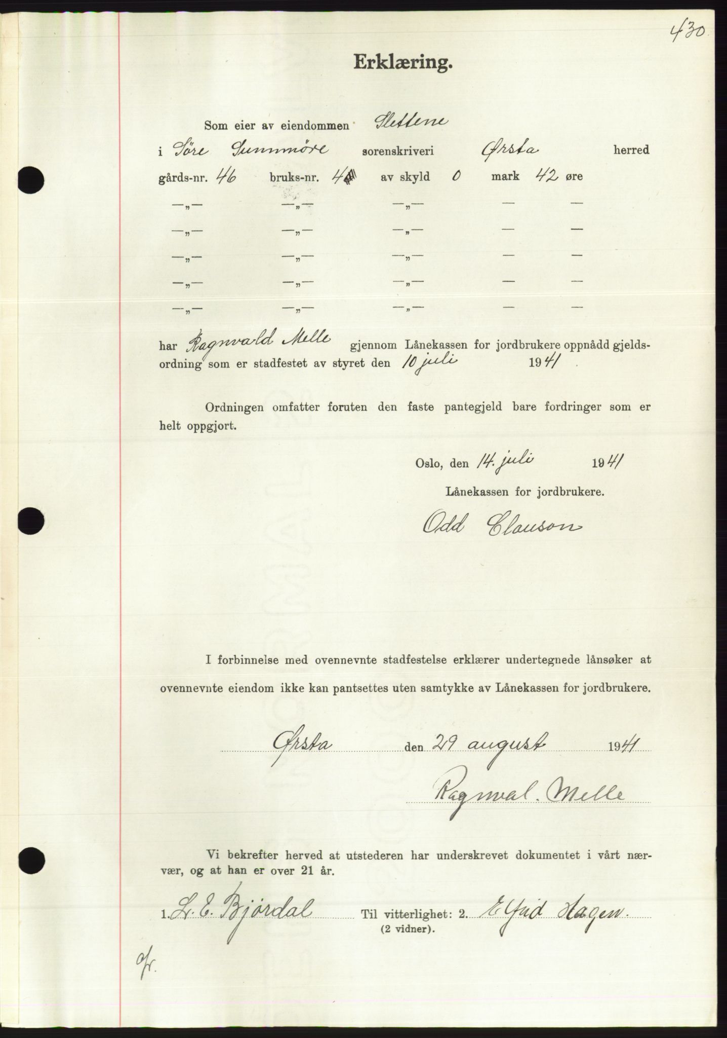 Søre Sunnmøre sorenskriveri, AV/SAT-A-4122/1/2/2C/L0071: Pantebok nr. 65, 1941-1941, Dagboknr: 901/1941