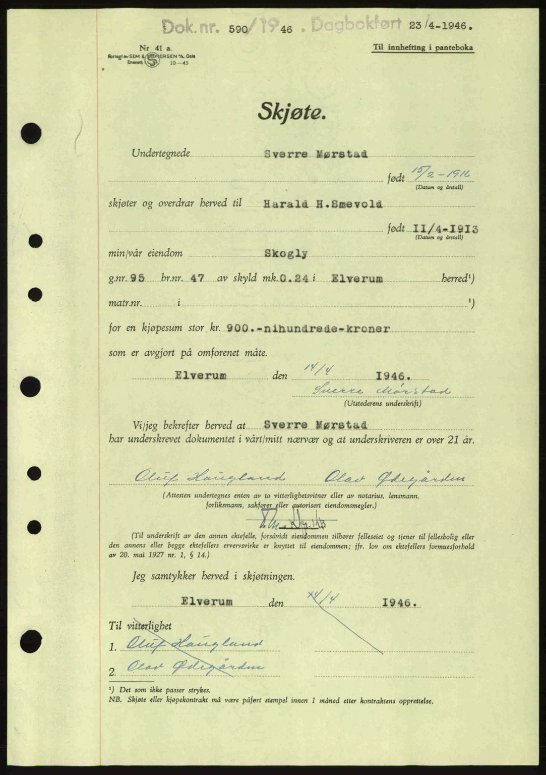 Sør-Østerdal sorenskriveri, AV/SAH-TING-018/H/Hb/Hbb/L0073: Pantebok nr. A73, 1945-1946, Dagboknr: 590/1946