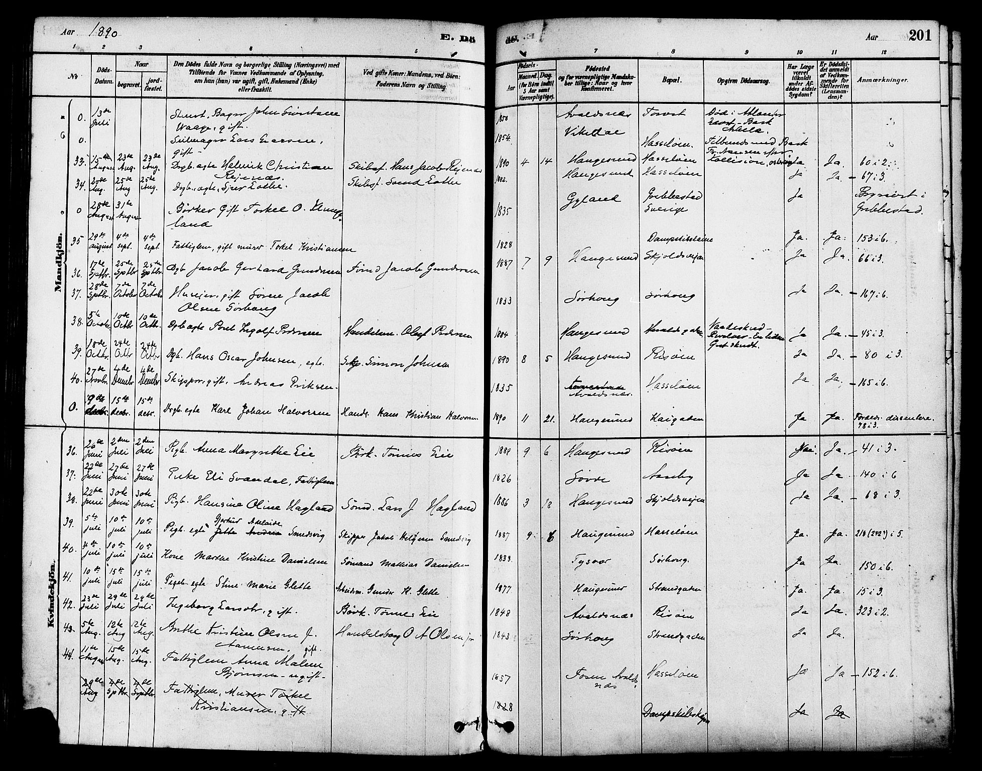 Haugesund sokneprestkontor, AV/SAST-A -101863/H/Ha/Haa/L0003: Ministerialbok nr. A 3, 1885-1890, s. 201