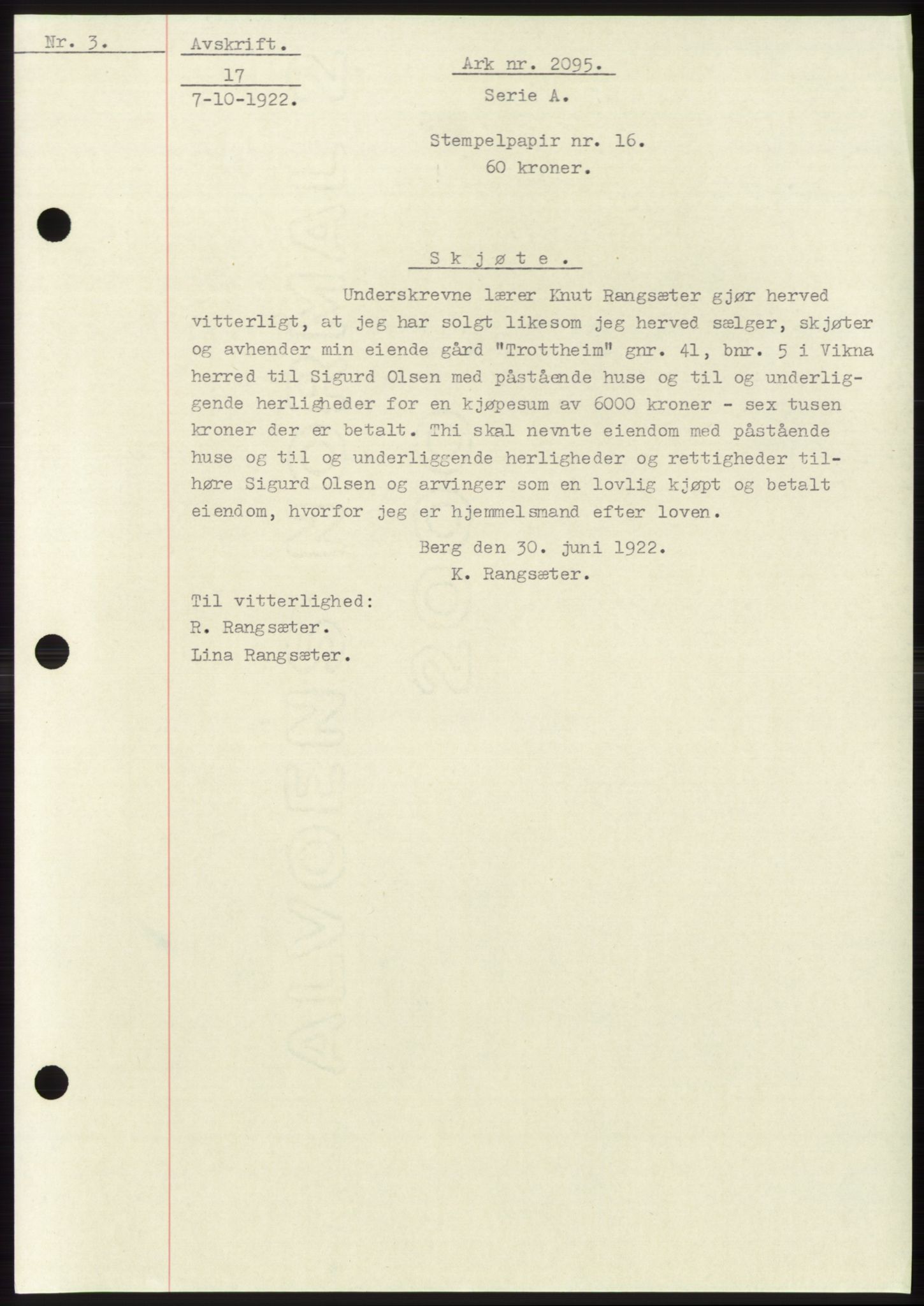 Namdal sorenskriveri, SAT/A-4133/1/2/2C: Pantebok nr. -, 1922-1925, Tingl.dato: 07.10.1922