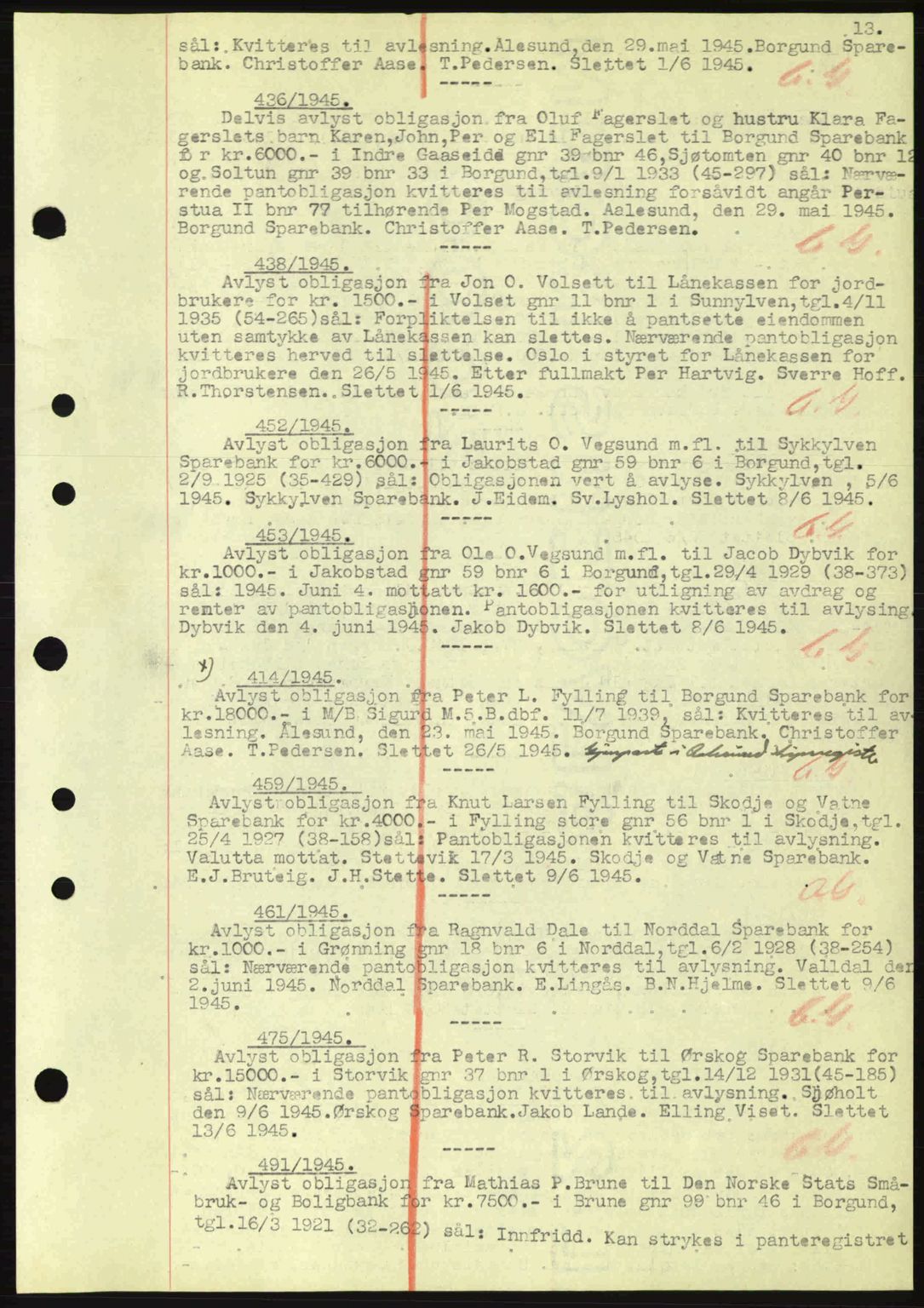 Nordre Sunnmøre sorenskriveri, AV/SAT-A-0006/1/2/2C/2Ca: Pantebok nr. B6-14 a, 1942-1945, Dagboknr: 436/1945