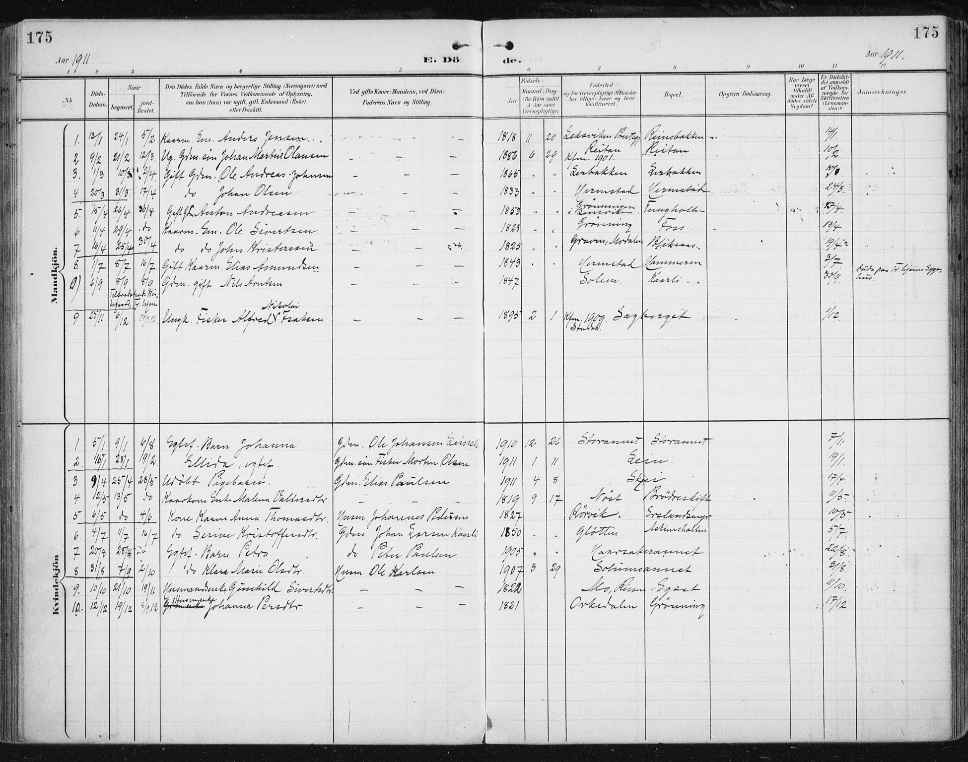 Ministerialprotokoller, klokkerbøker og fødselsregistre - Sør-Trøndelag, AV/SAT-A-1456/646/L0616: Ministerialbok nr. 646A14, 1900-1918, s. 175