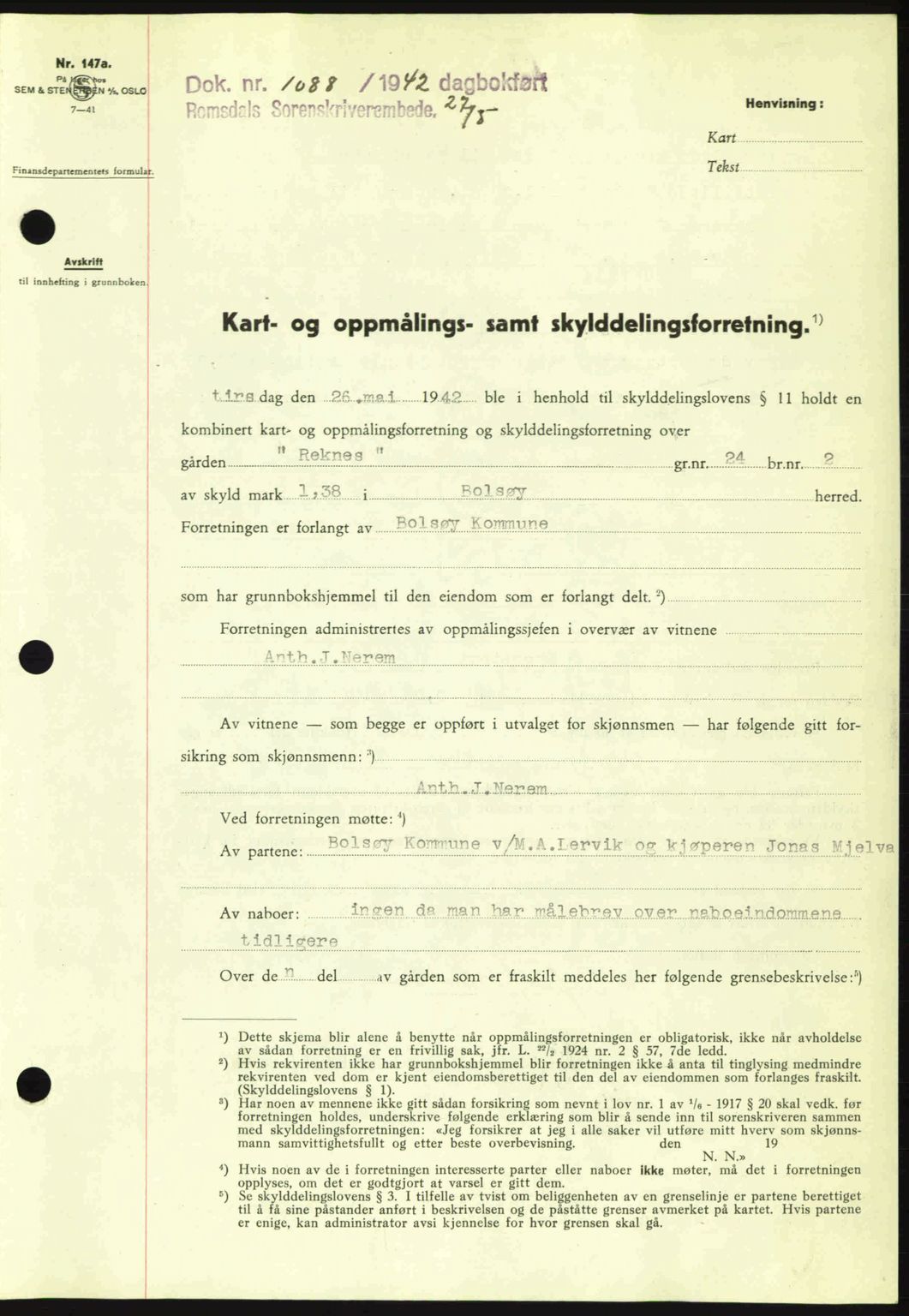 Romsdal sorenskriveri, SAT/A-4149/1/2/2C: Pantebok nr. A12, 1942-1942, Dagboknr: 1088/1942