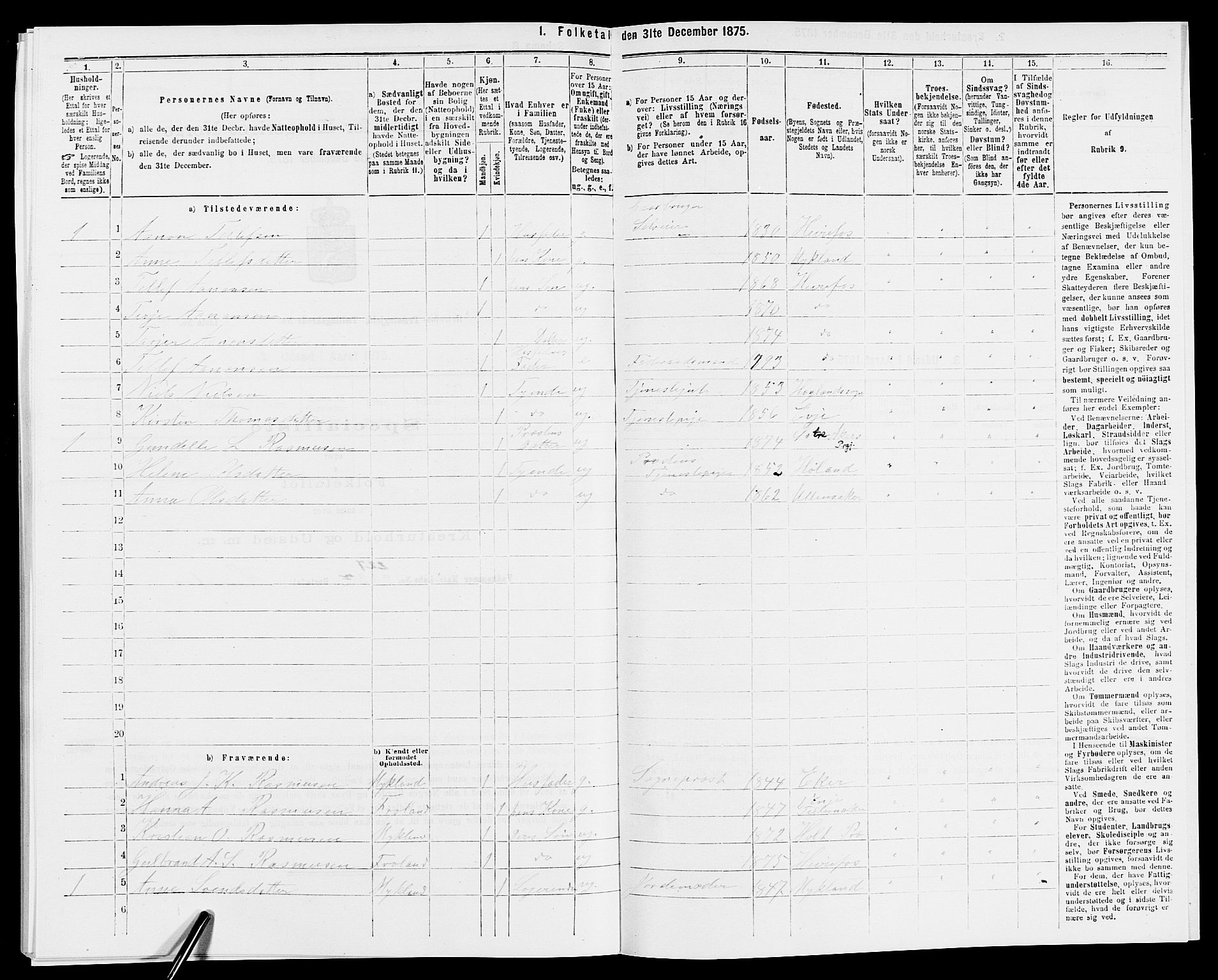 SAK, Folketelling 1875 for 0933P Herefoss prestegjeld, 1875, s. 105