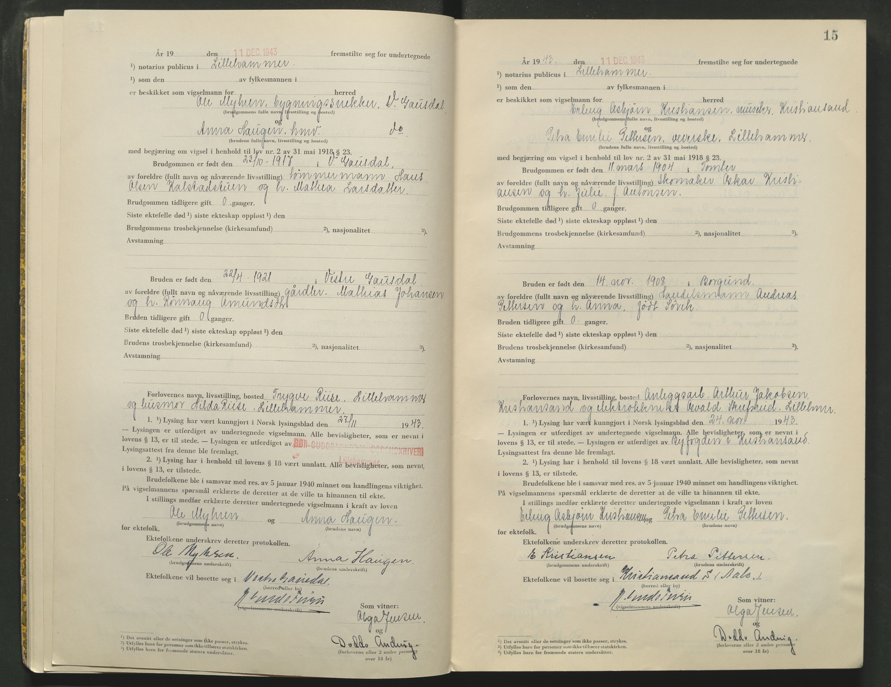 Sør-Gudbrandsdal tingrett, AV/SAH-TING-004/L/Lc/L0004: Vigselsprotokoll, 1943-1944, s. 15