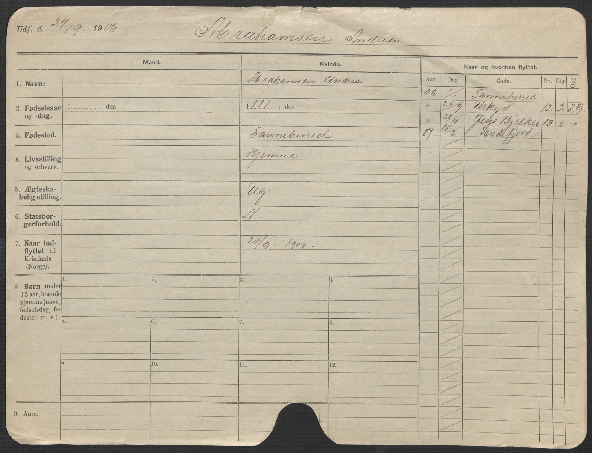 Oslo folkeregister, Registerkort, AV/SAO-A-11715/F/Fa/Fac/L0012: Kvinner, 1906-1914, s. 5a