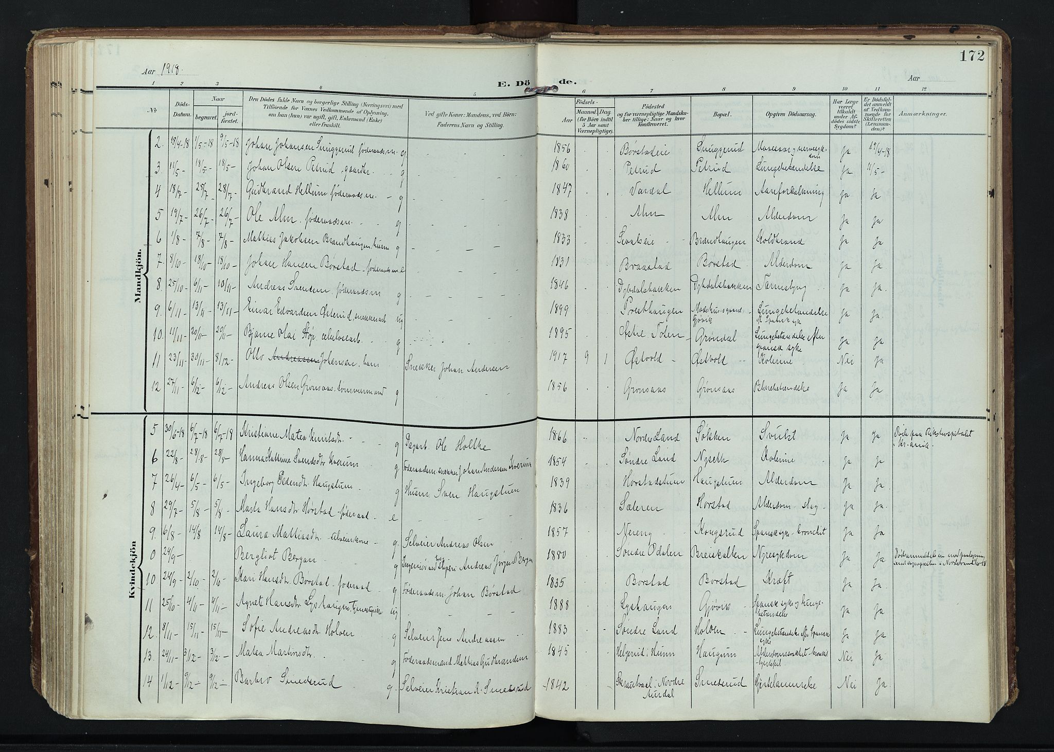 Vardal prestekontor, SAH/PREST-100/H/Ha/Haa/L0020: Ministerialbok nr. 20, 1907-1921, s. 172