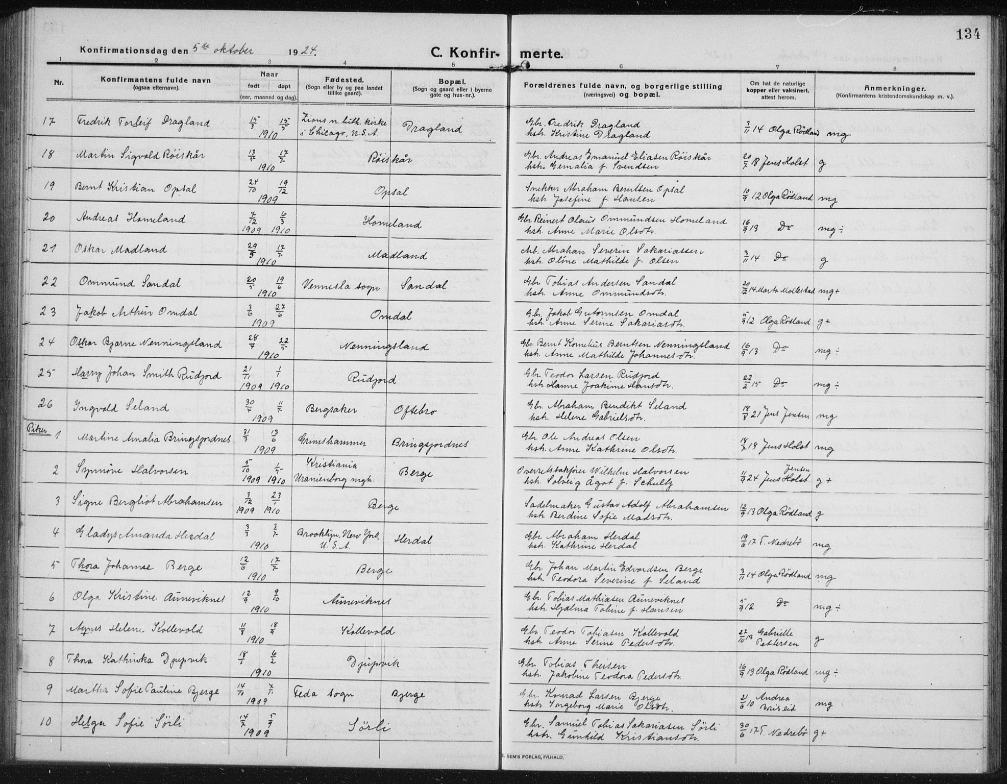 Lyngdal sokneprestkontor, AV/SAK-1111-0029/F/Fb/Fbc/L0006: Klokkerbok nr. B 6, 1914-1934, s. 134