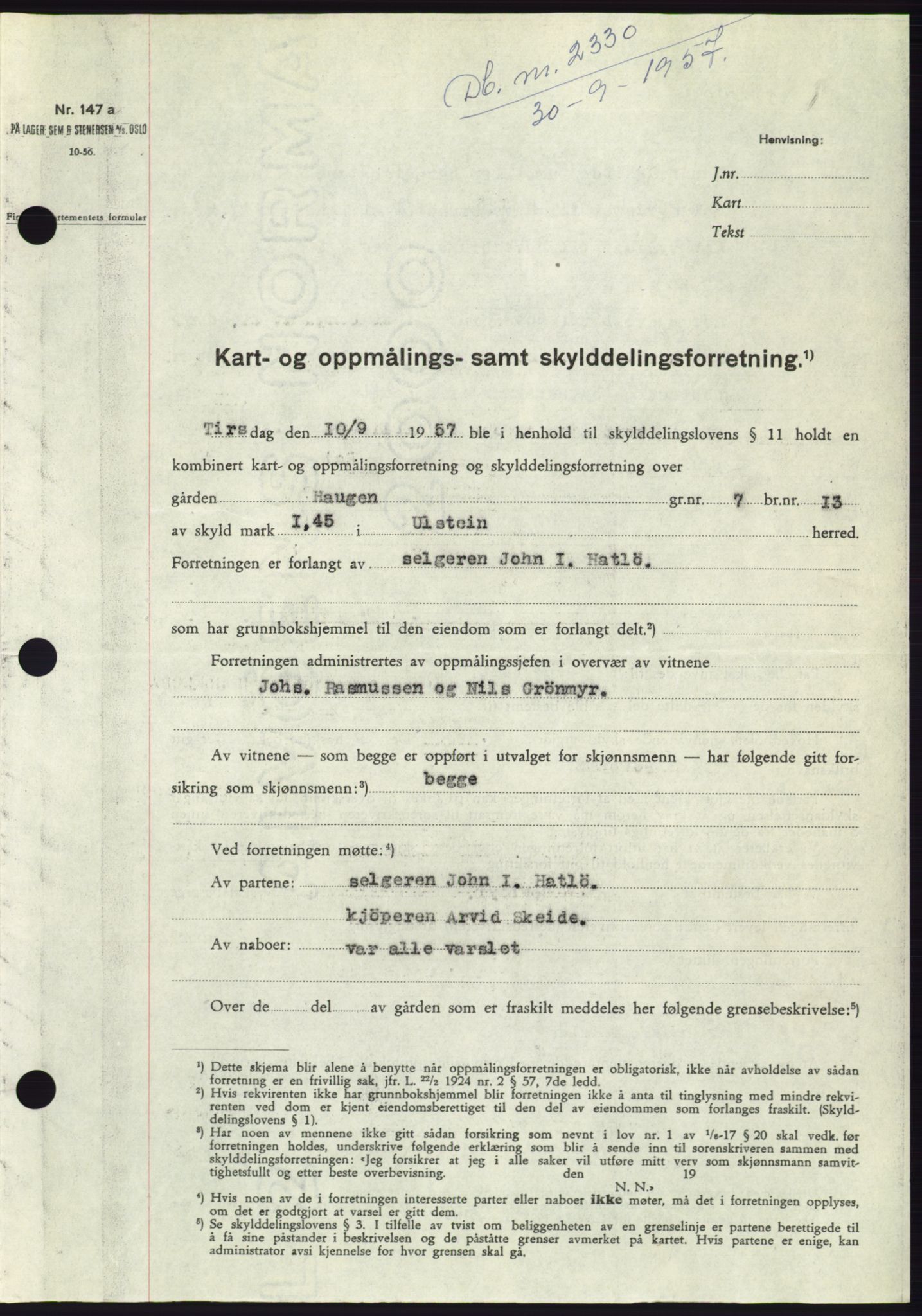 Søre Sunnmøre sorenskriveri, SAT/A-4122/1/2/2C/L0107: Pantebok nr. 33A, 1957-1957, Dagboknr: 2330/1957