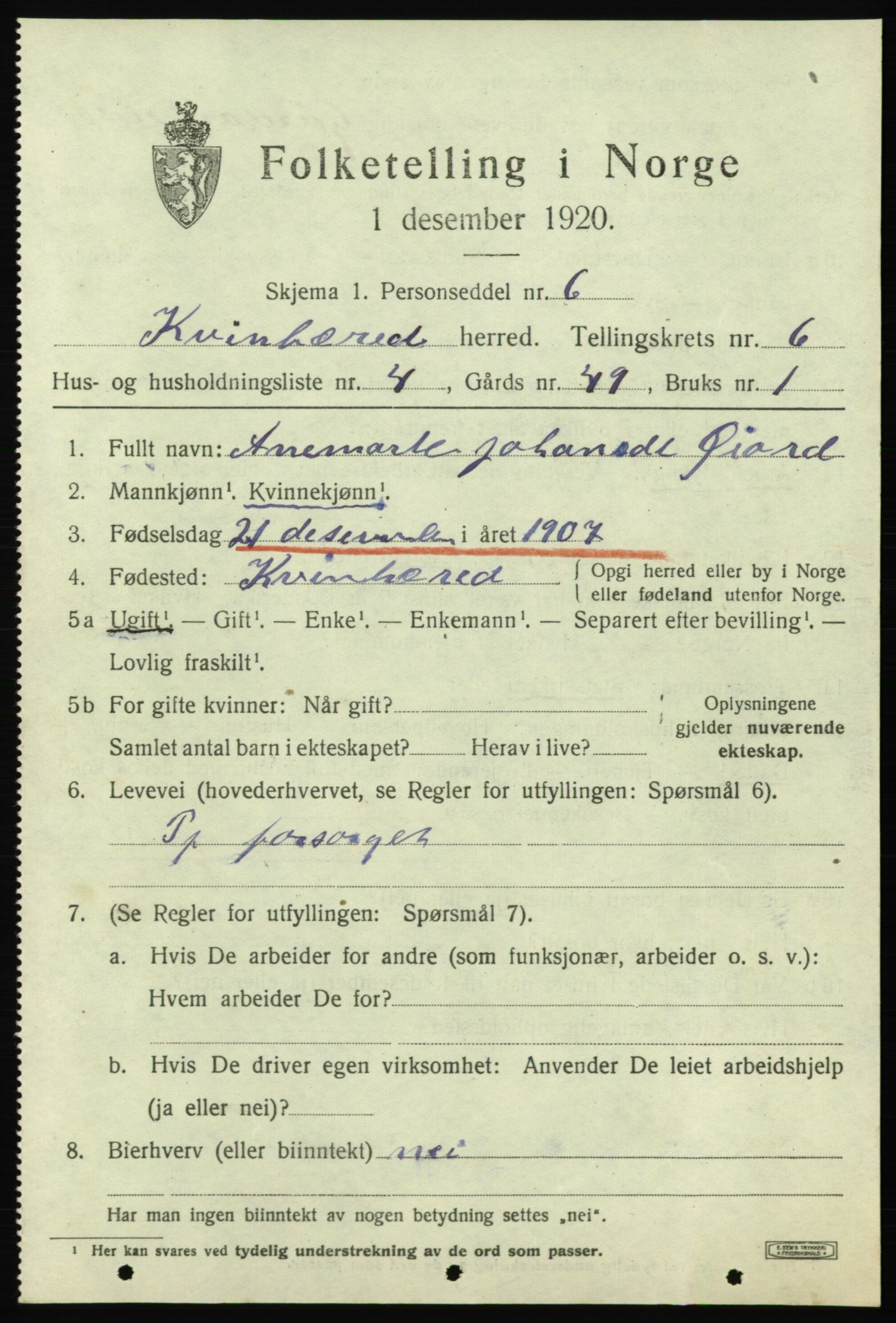 SAB, Folketelling 1920 for 1224 Kvinnherad herred, 1920, s. 6258