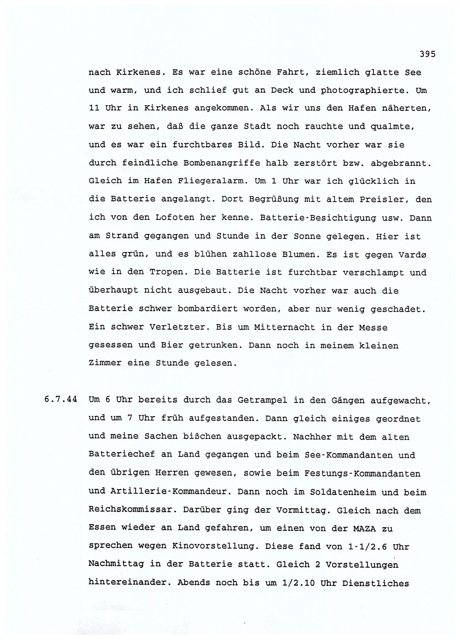 Dagbokopptegnelser av en tysk marineoffiser stasjonert i Norge , FMFB/A-1160/F/L0001: Dagbokopptegnelser av en tysk marineoffiser stasjonert i Norge, 1941-1944, s. 395