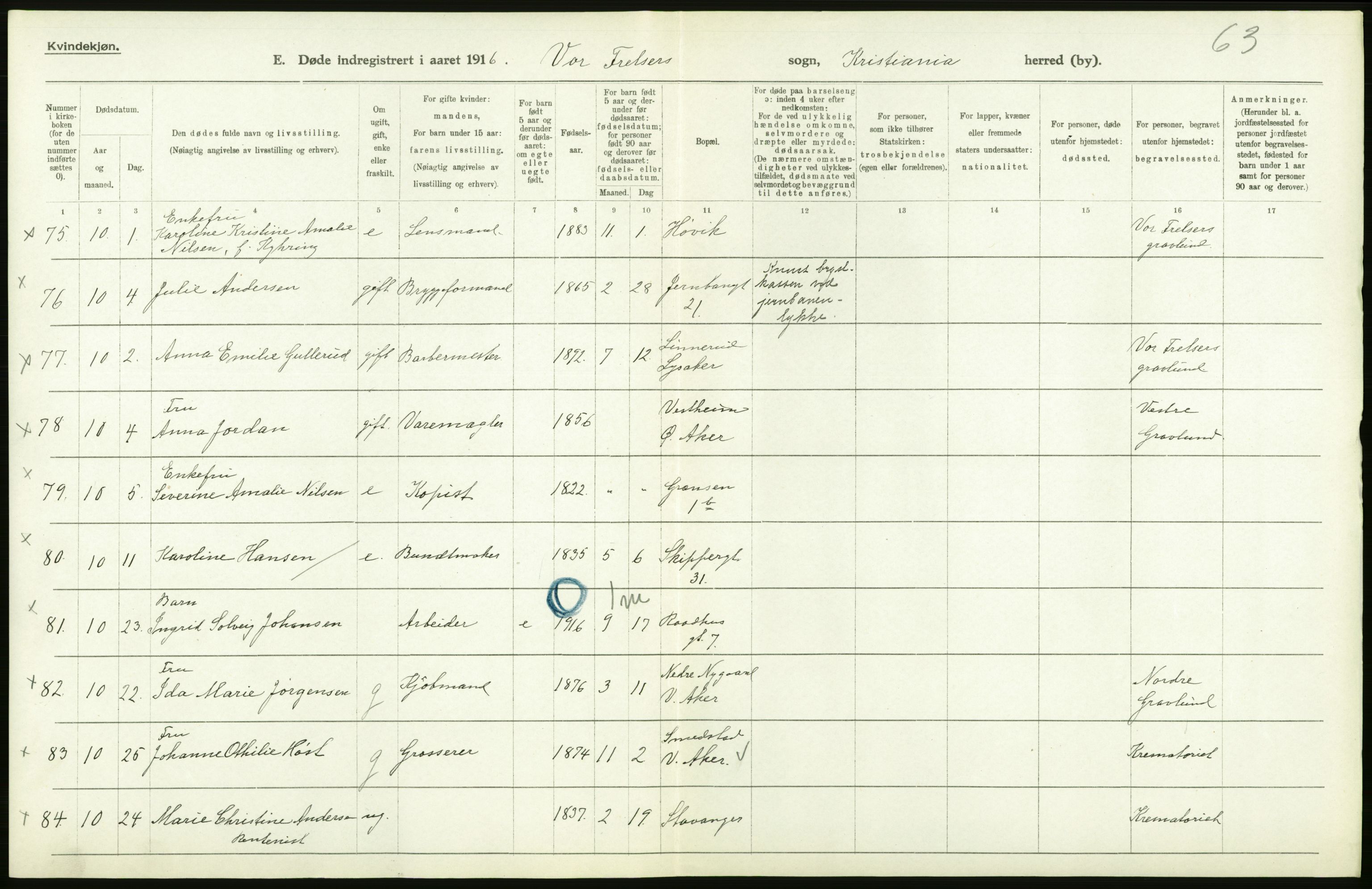 Statistisk sentralbyrå, Sosiodemografiske emner, Befolkning, AV/RA-S-2228/D/Df/Dfb/Dfbf/L0010: Kristiania: Døde, dødfødte., 1916, s. 22