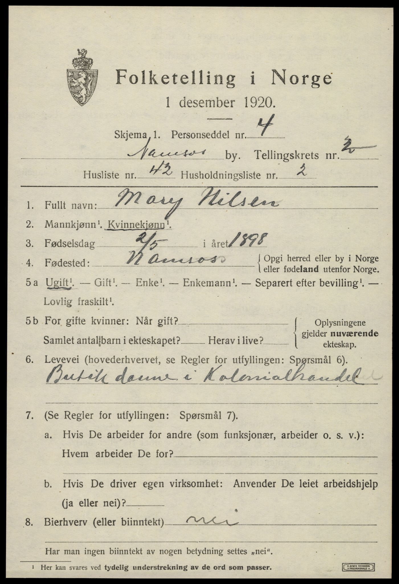 SAT, Folketelling 1920 for 1703 Namsos ladested, 1920, s. 3713
