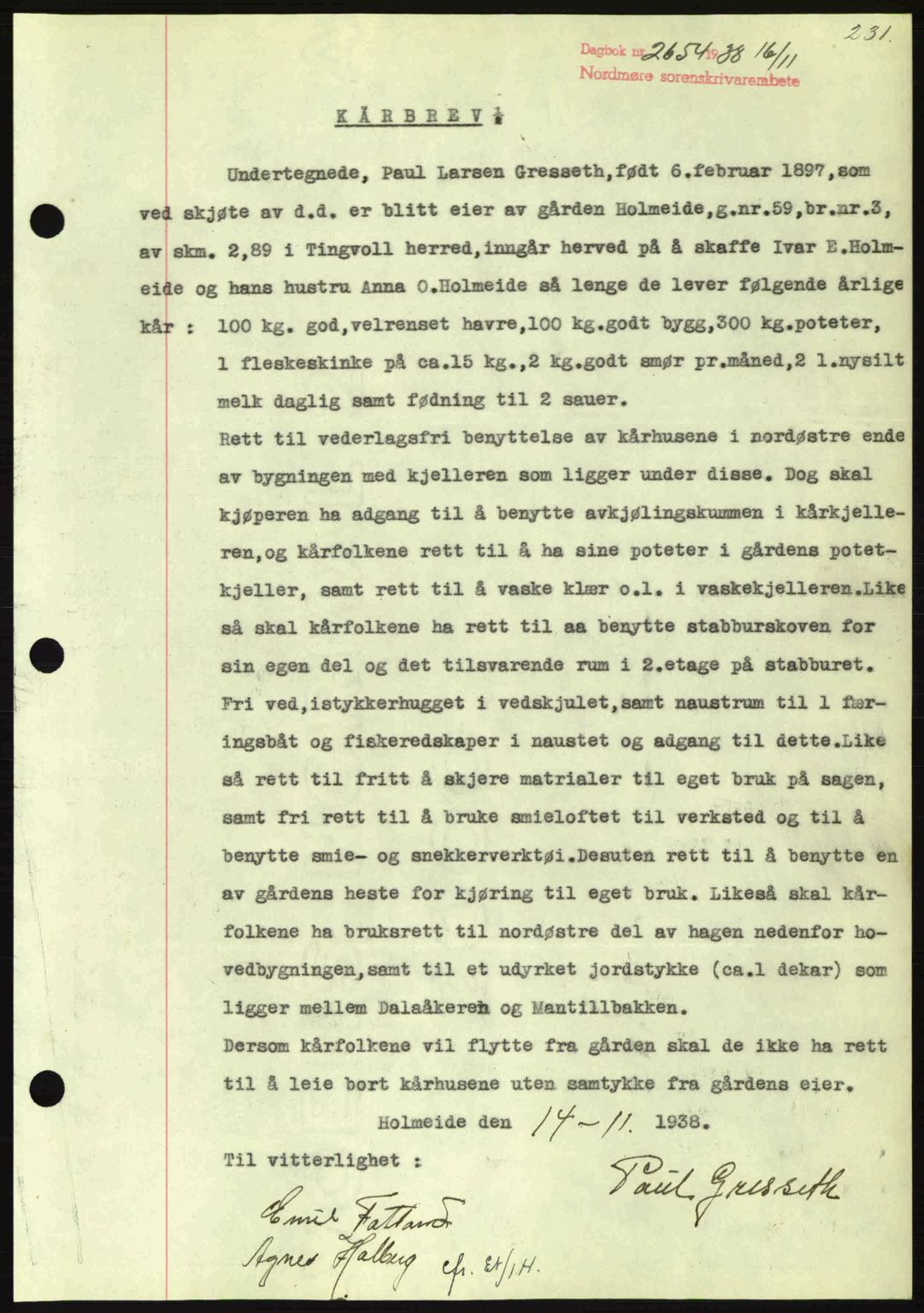 Nordmøre sorenskriveri, SAT/A-4132/1/2/2Ca: Pantebok nr. B84, 1938-1939, Dagboknr: 2654/1938